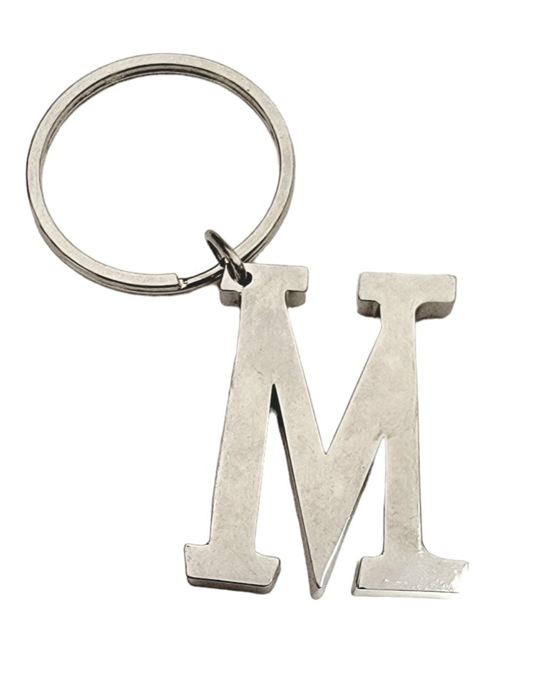 Letter M Keychain Silvertone Block Metal Script M Keyring Initial M KeyTag Ganz