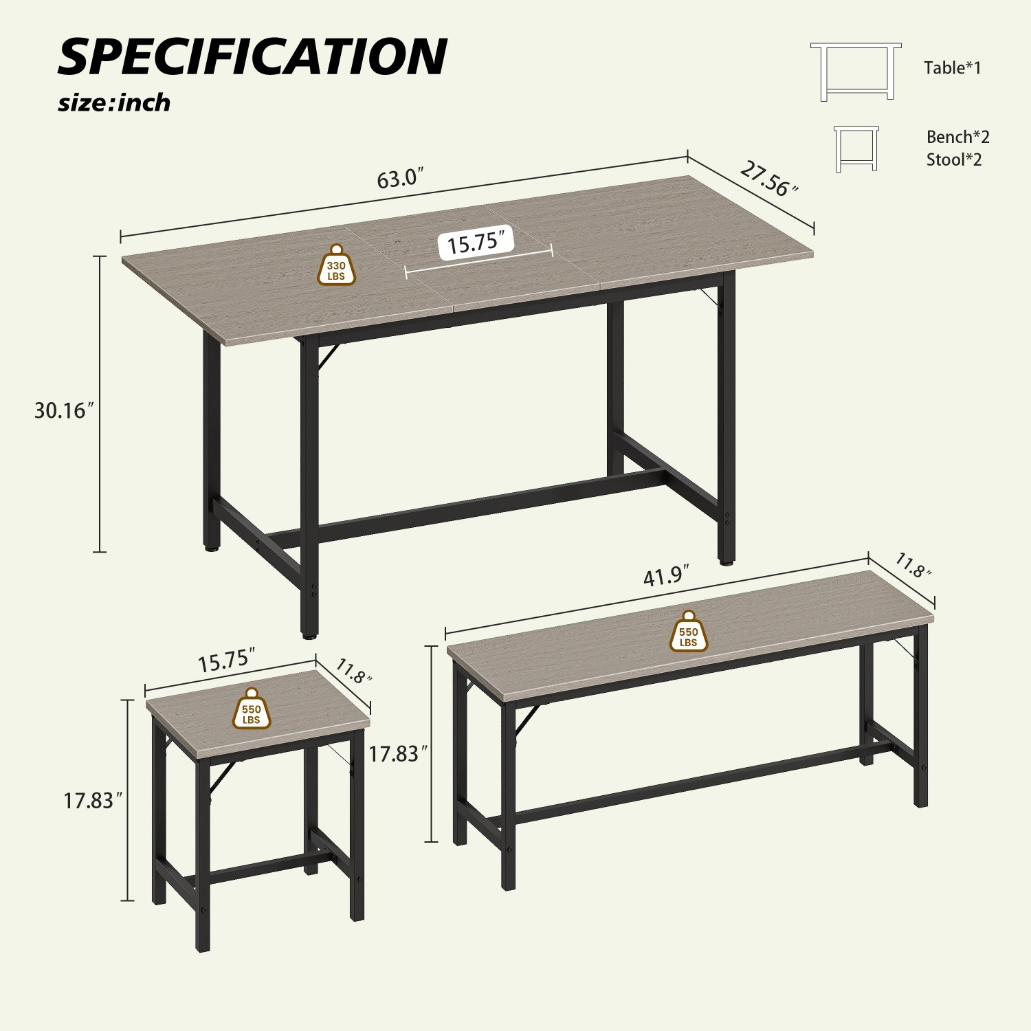 5 Piece Extendable Dining Table Set Wood Tabletop Steel Frame 2 Benches 2 Stools