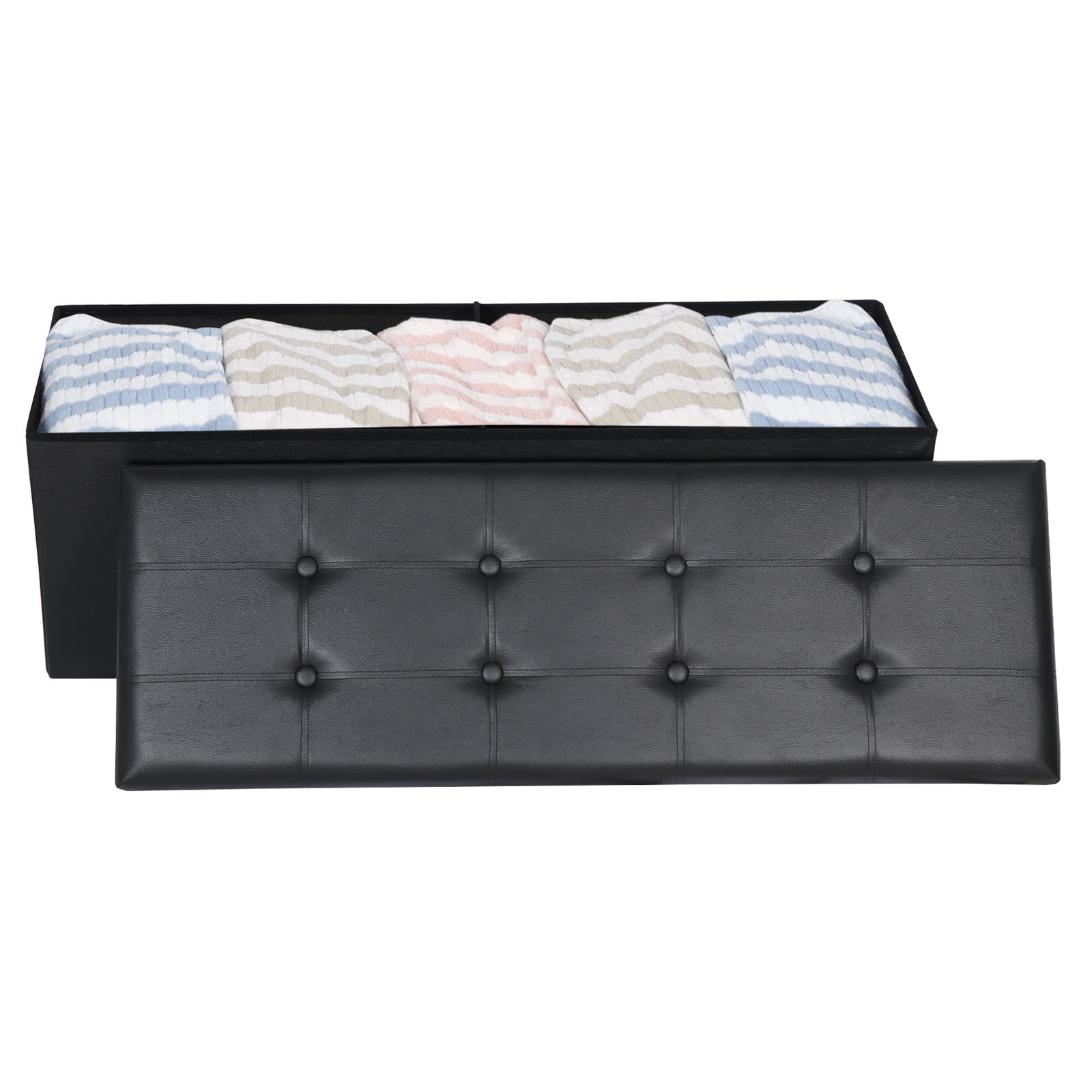 43'' Storage Ottoman Bench PVC Leather Foldable Footrest Stool w/ Divider Black
