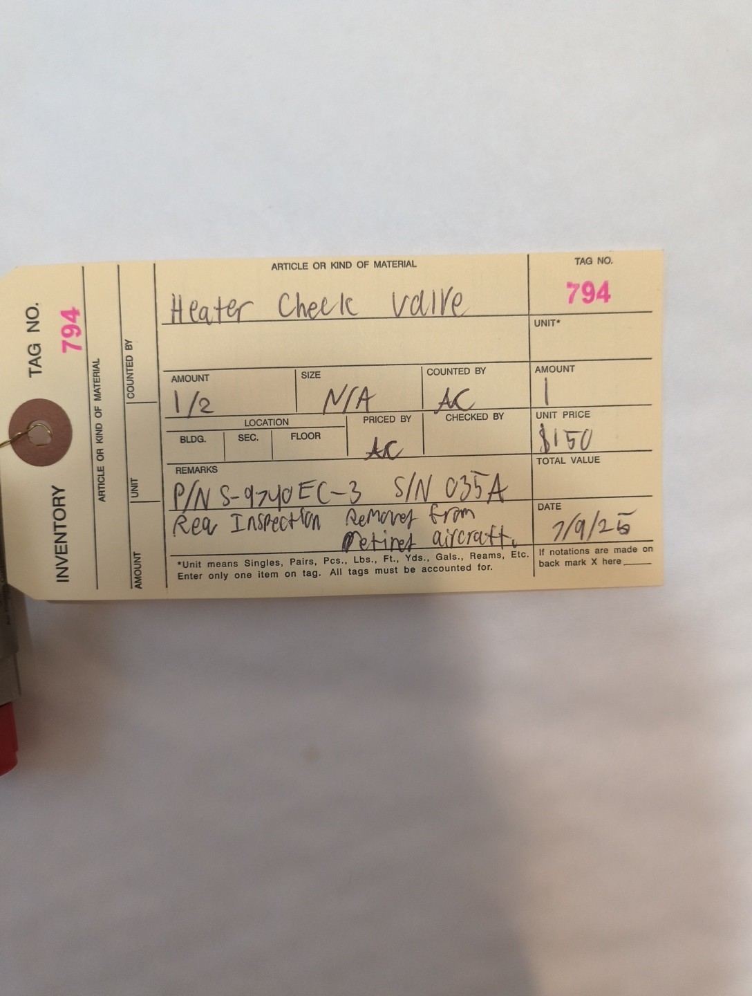 Air Comm S-9740EC-3 Heater Check Valve