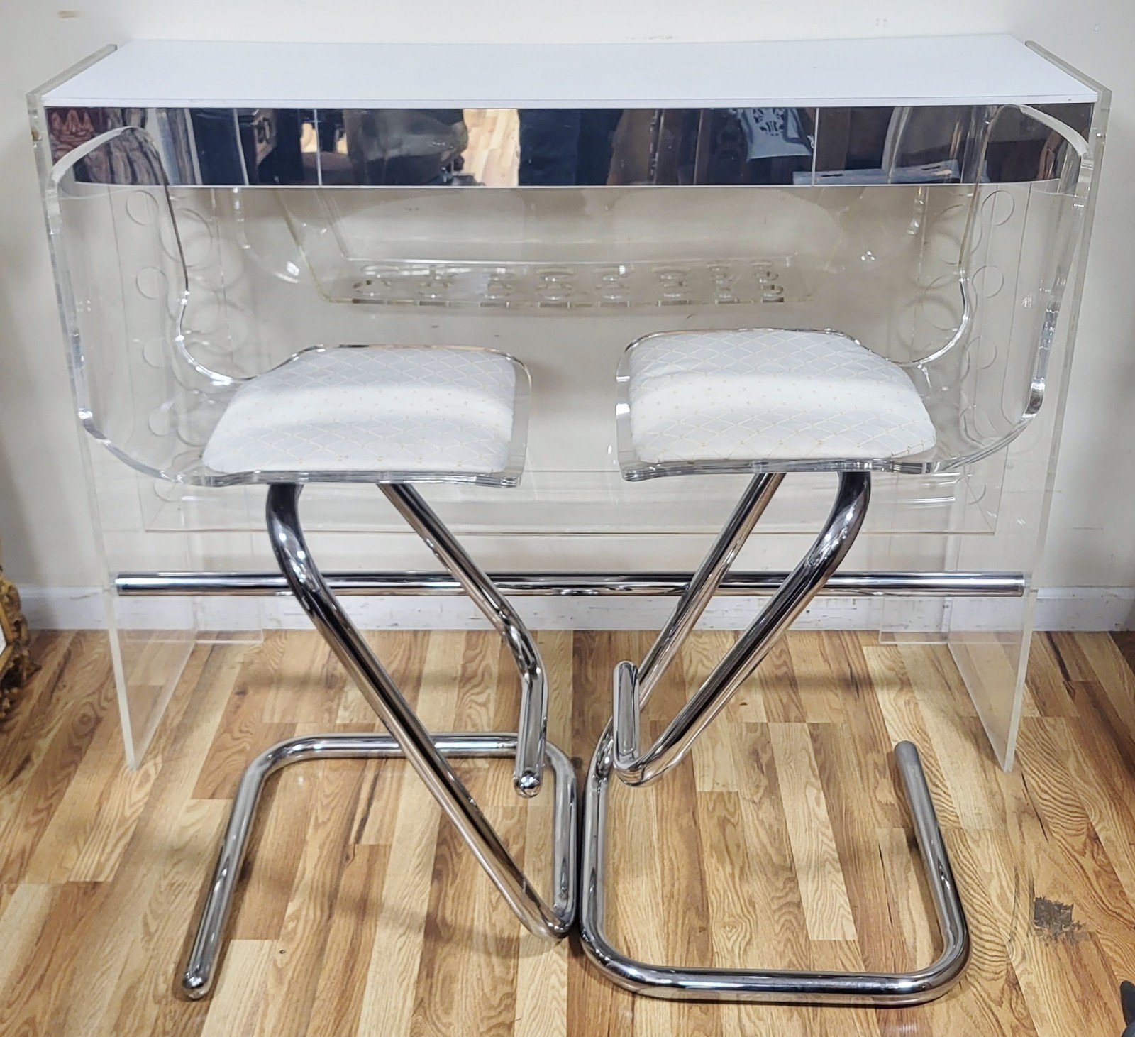 LUCITE & CHROME Mid-Century MODERN BAR  & PAIR BARSTOOL Chairs by LUIGI BARDINI