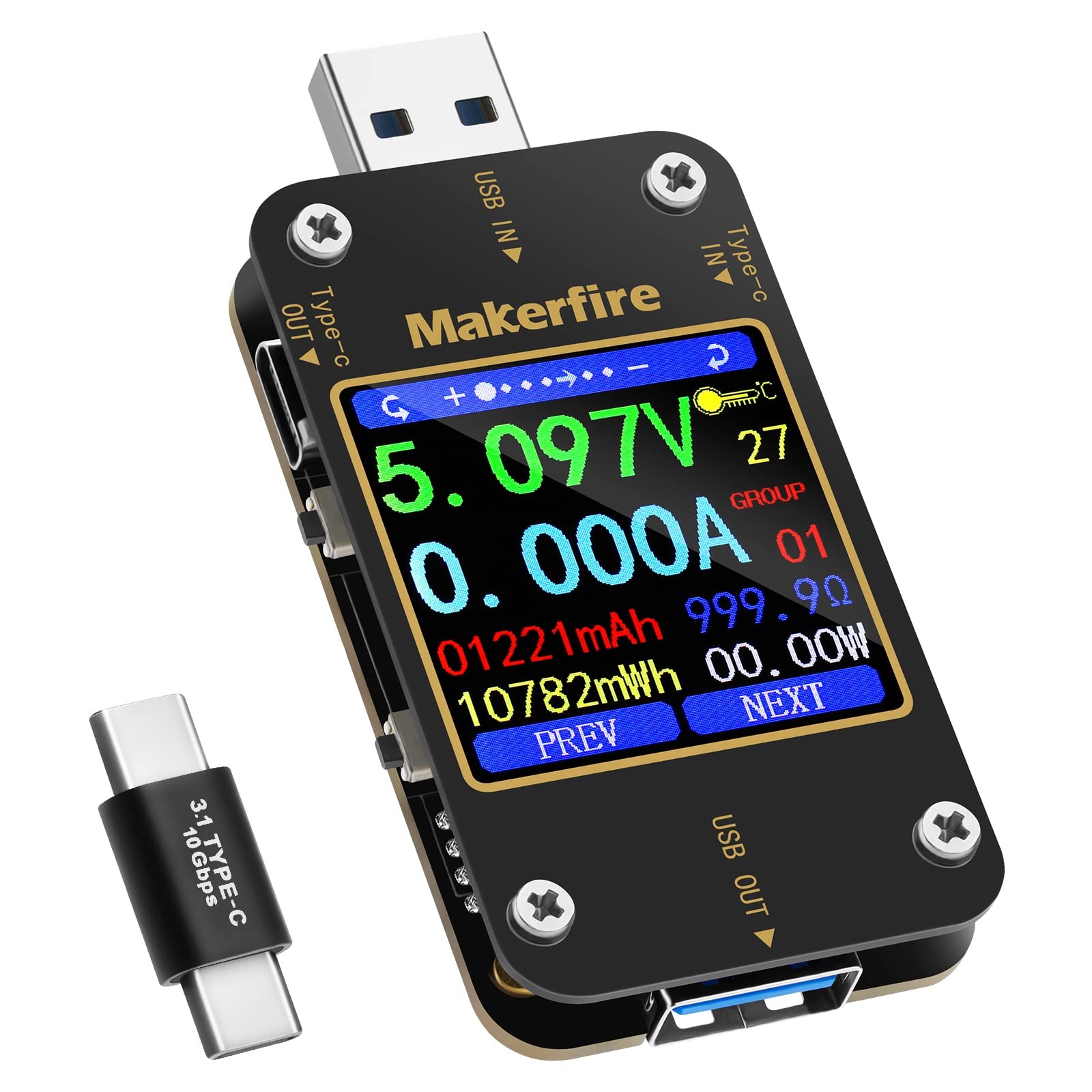 MakerHawk USB Multimeter Voltmeter Ammeter Load Tester Black Green