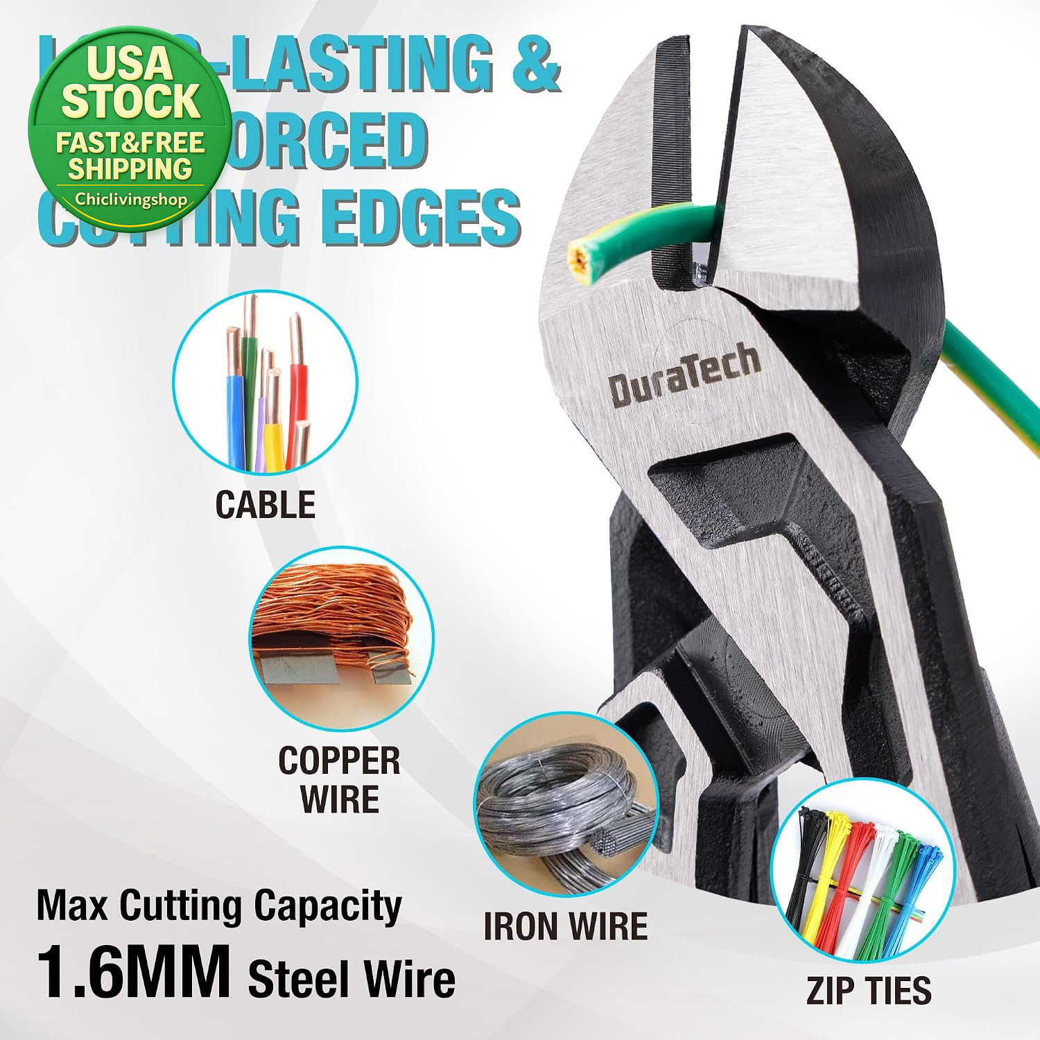 8 Inch Compound Diagonal Cutting Pliers High Leverage CR V Steel Tool