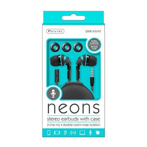 Sentry Neons Earbuds In-Ear Headphones w/Mic Noise Isolation Black/Teal Zip Case
