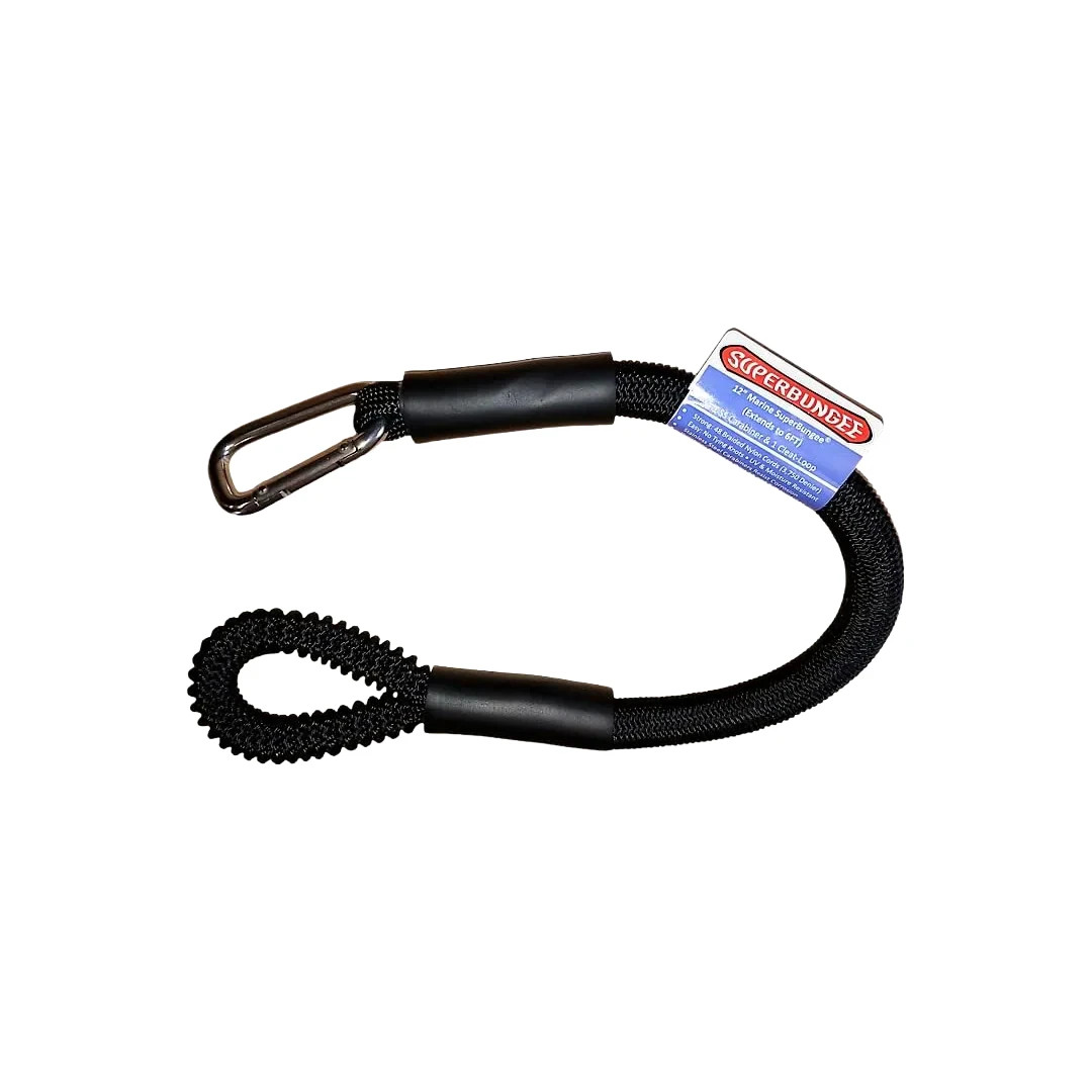 SuperBungee Black 12 in. Marine Cord with 1 Stainless Steel Carabiner Hook, 1 Lo