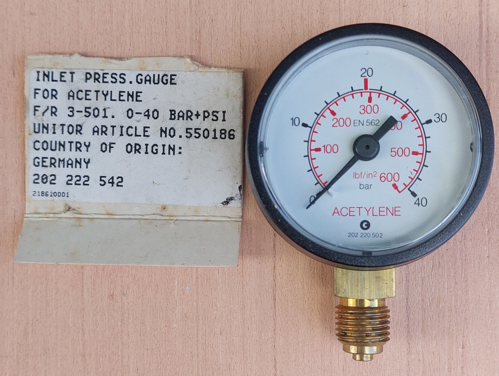 New Old Stock Inlet Pressure Acetylene Gauge F/R 3-501  0-40 Bar + PSI Germany