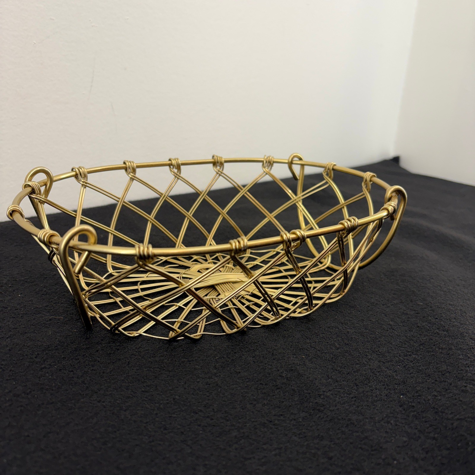 Gold Tone Woven Metal Wire Oval Decorative Basket Catchall Brass Lattice Handles
