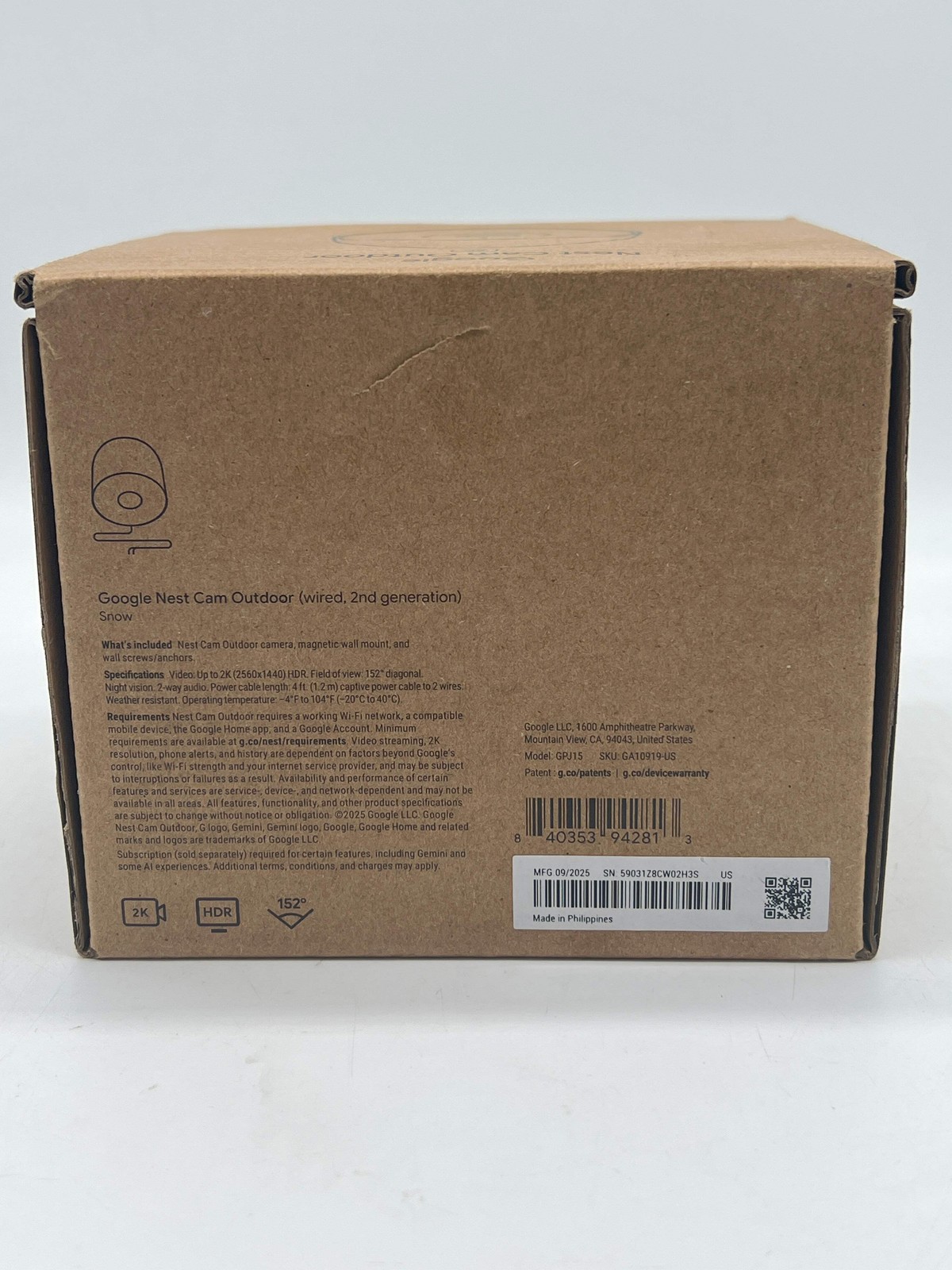 Google Nest Cam Outdoor Wired Security Camera GPJ15- New in Box