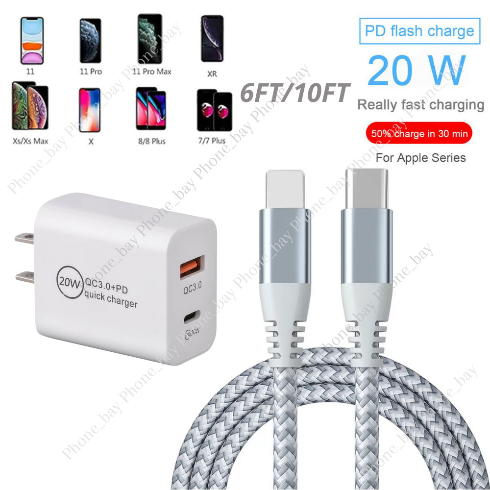 20W USB-C Power Adapter PD Fast Charge 6/10FT Cable For iPhone 13/12/11/XR/iPad