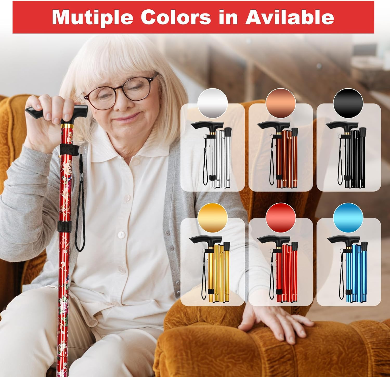 Folding Cane, Portable 5-Level Adjustable Height Walking Stick with Foldable ...