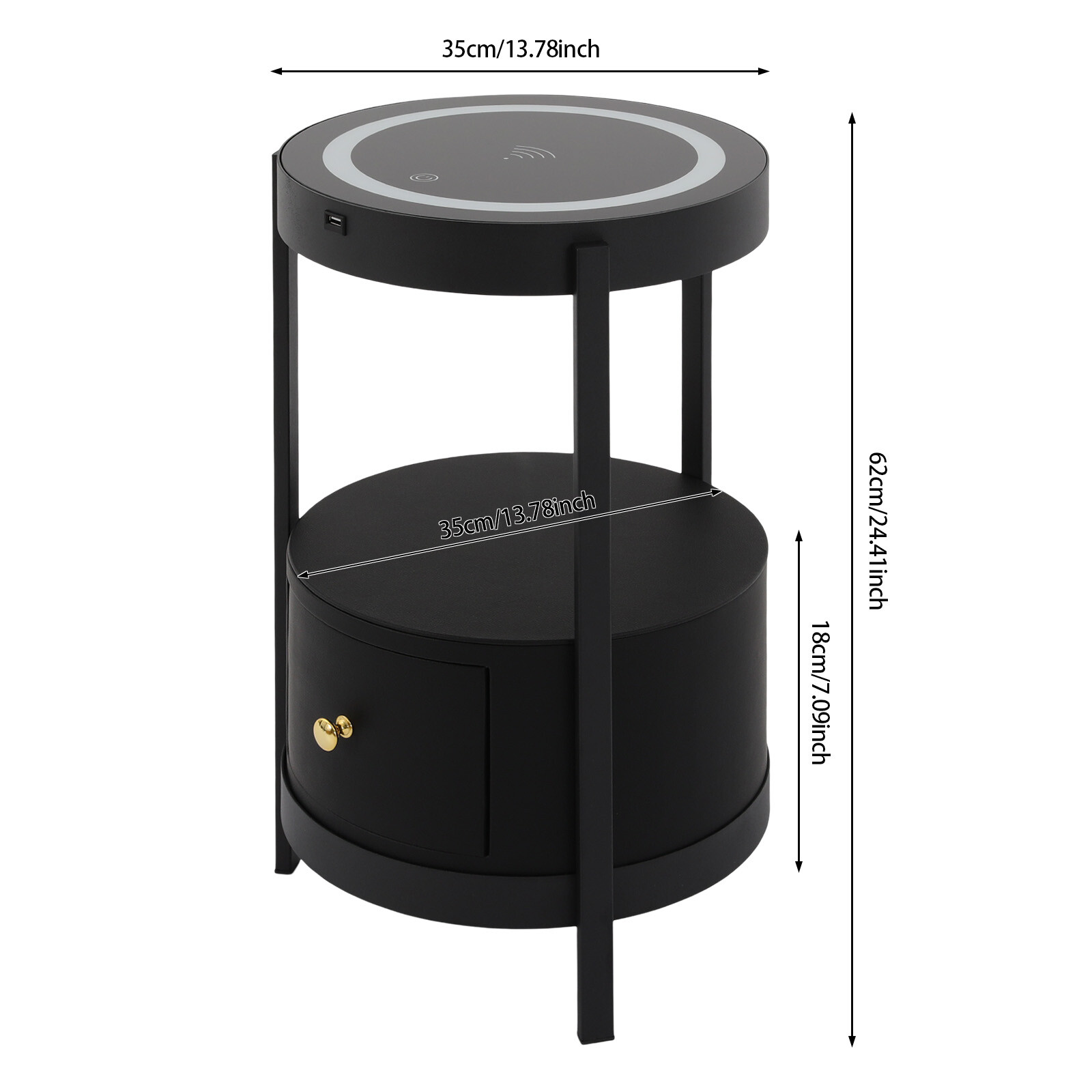 LED Nightstand w/ Black Drawer Side Table with USB & Wireless Charging