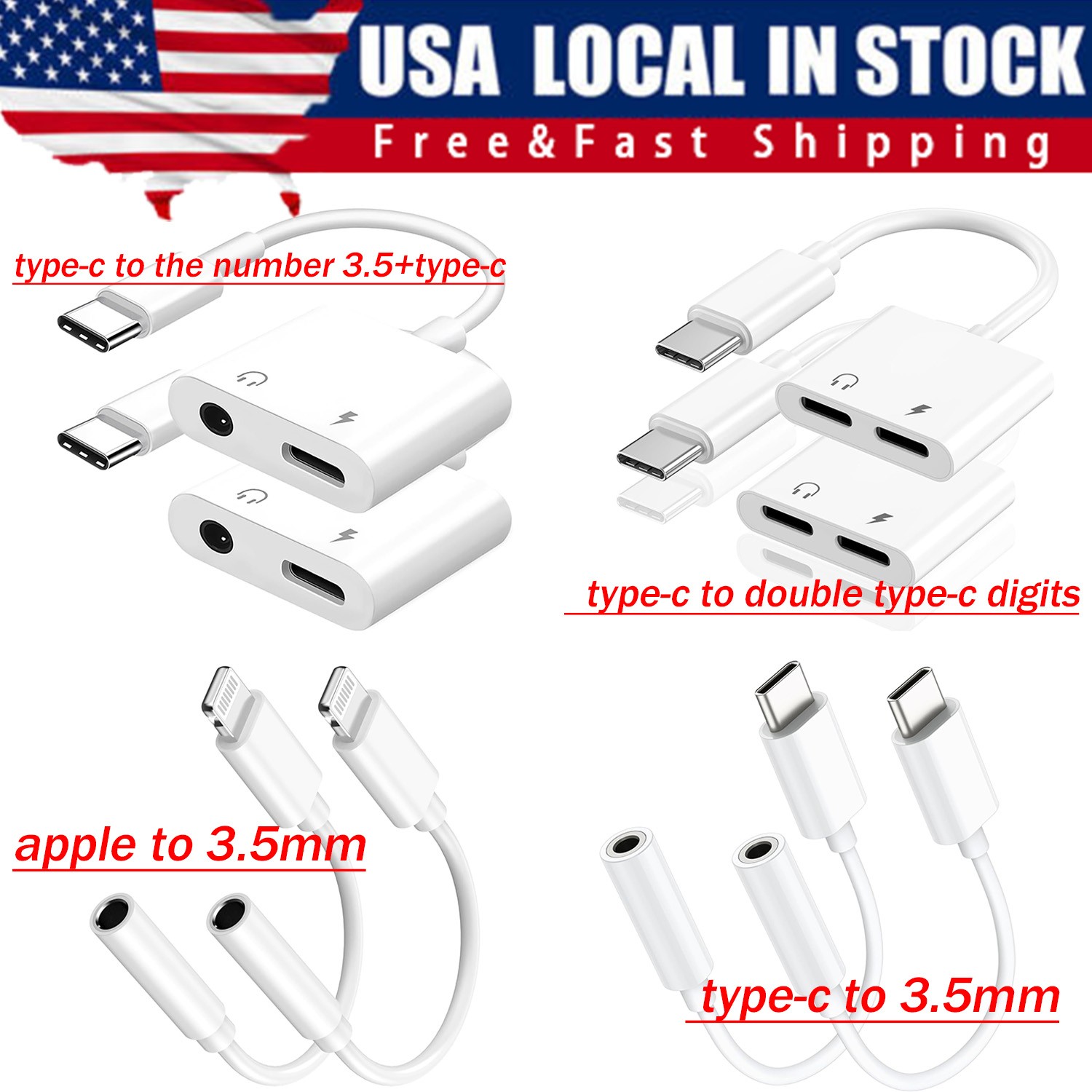 2 in 1 Charger Headphone USB Type C to 3.5mm Aux Audio Cable Cord Adapter Lot
