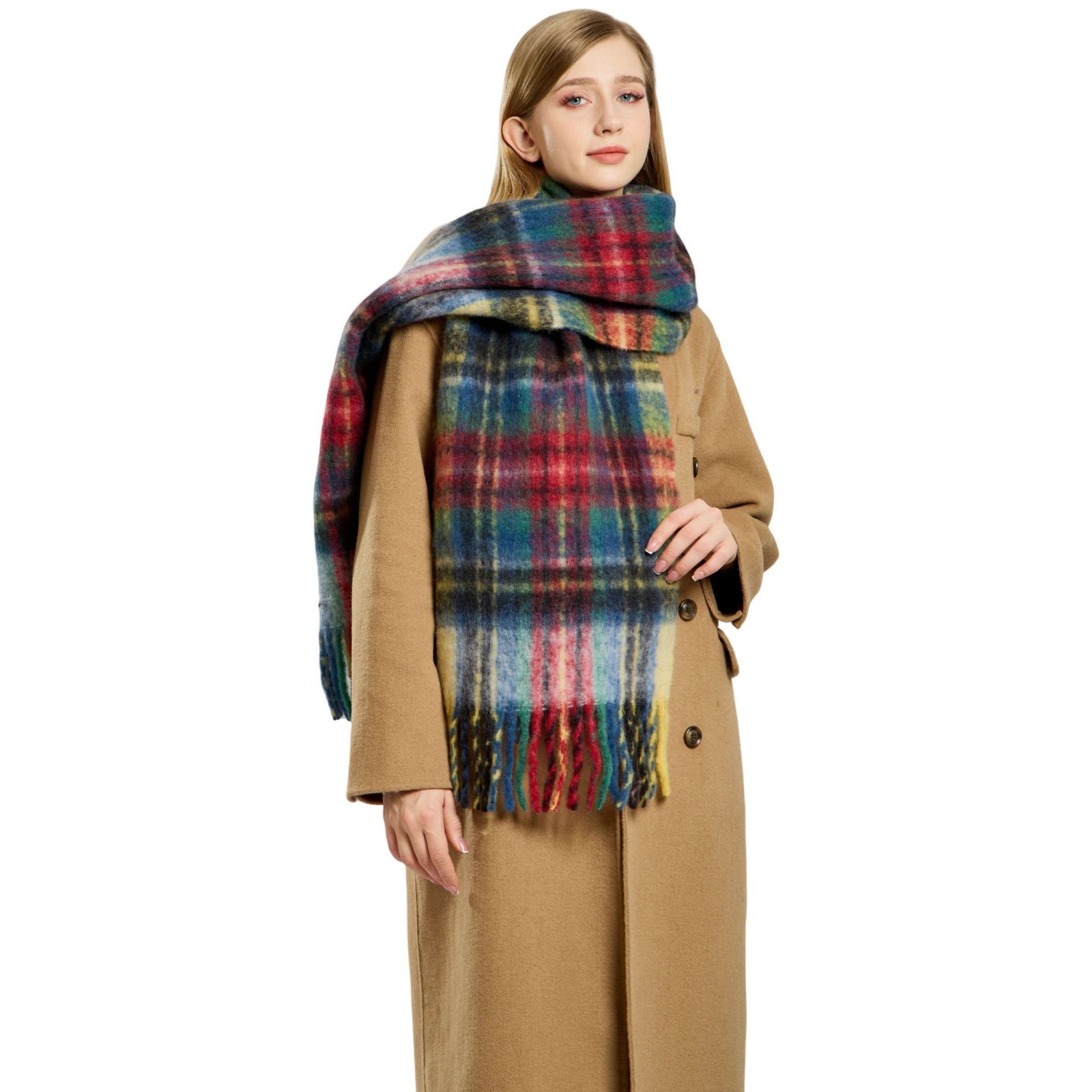 Autumn and winter retro plaid fringed scarf wool blended warm contrasting
