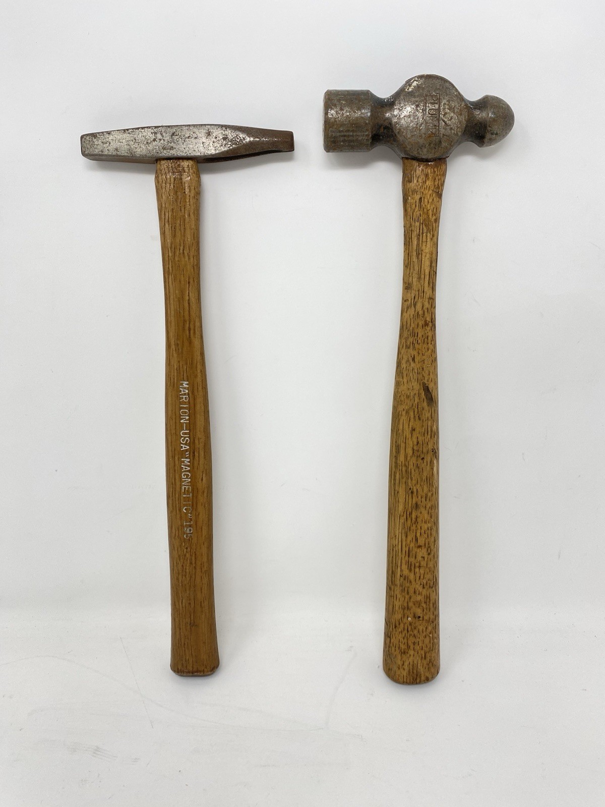 2 Vintage Hammer LOT Plumb Ball Peen & Marion 195 Magnetic Tack Wood Handle Vtg