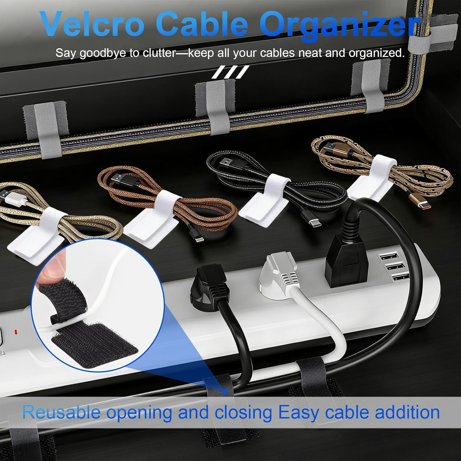 80 PCS Hook and Loop Cable Ties, Self Adhesive Cable Management Straps, Reusable