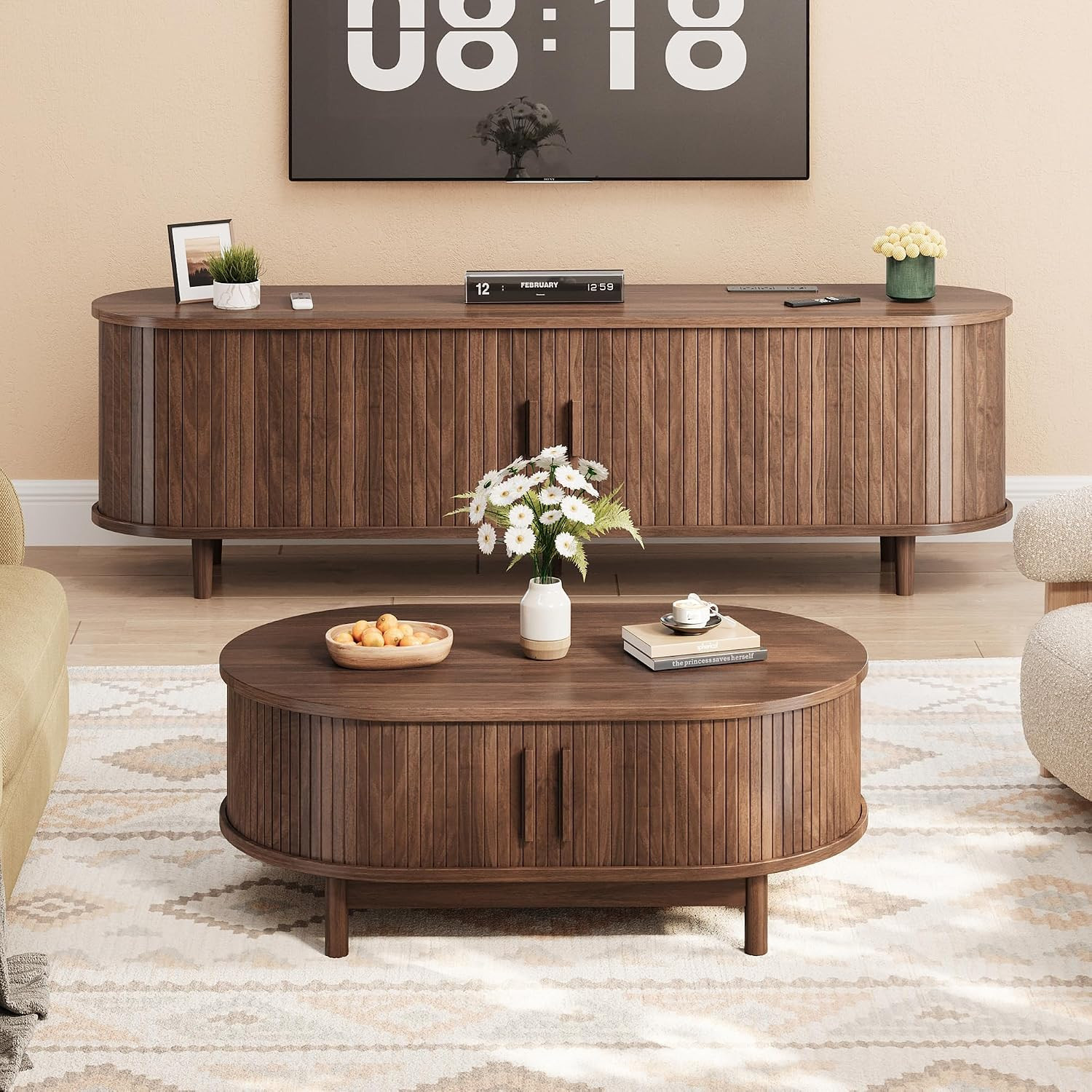 Oval Fluted Coffee Table, 40” Mid Century Modern Center Table with Large Storage