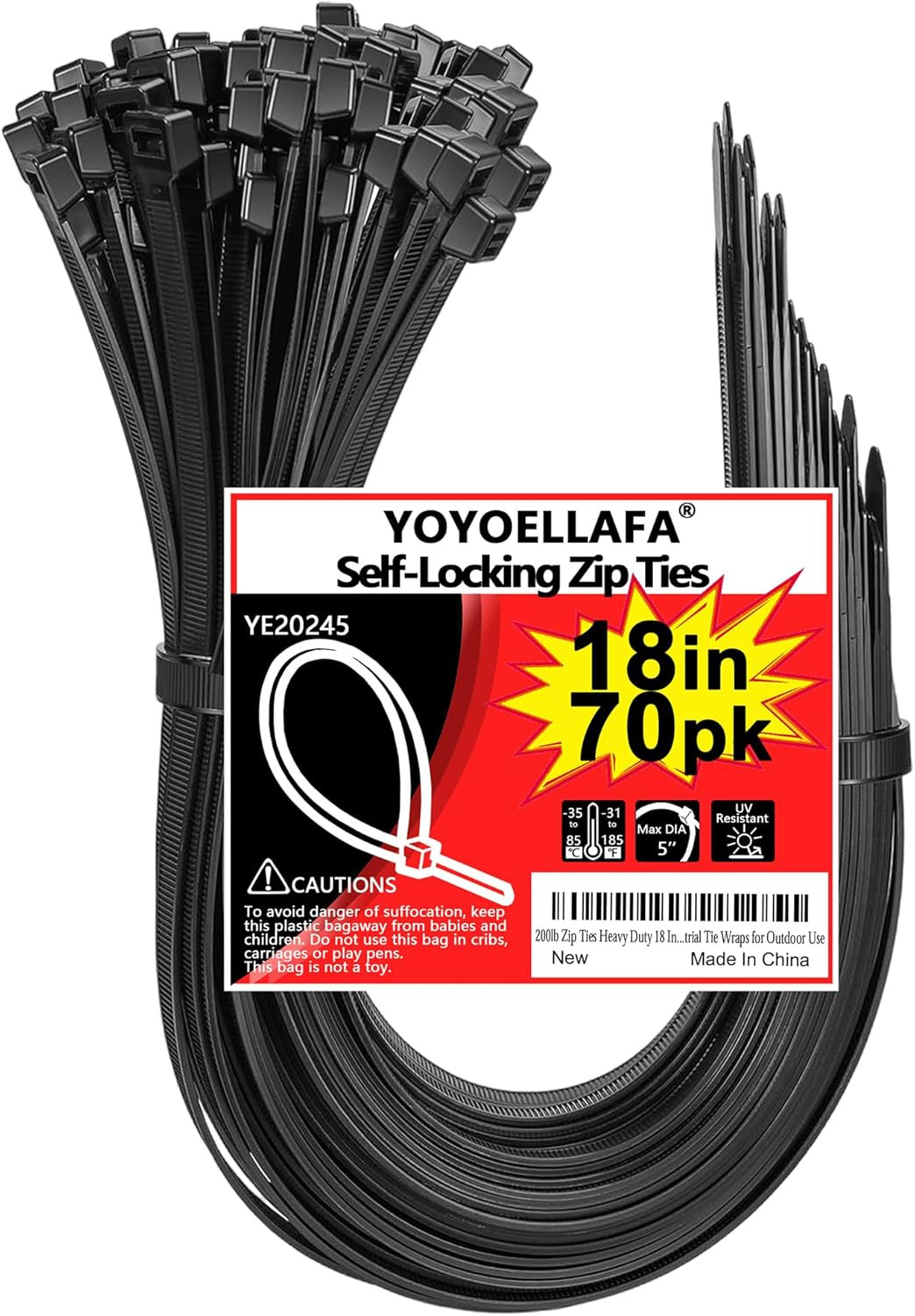 200Lb Zip Ties Heavy Duty 18 Inch 70Pcs, Large Black Cable Tie, Thick Heat Resis