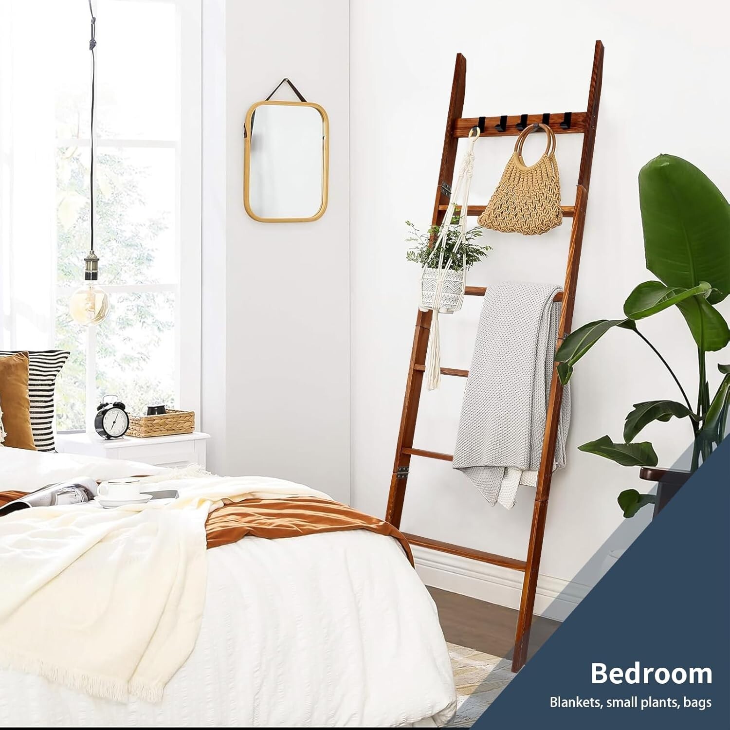 Wooden Blanket Ladder with Removable Hooks, 6-Tier 5.66 Ft (68 Inch) Rustic