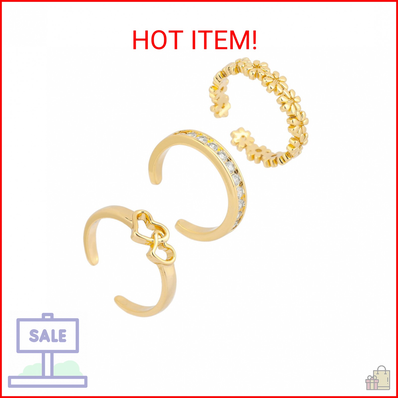Mikovivi 3pcs Toe Rings for Women, 3 Styles Non Tarnish Gold-Colored Adjustable