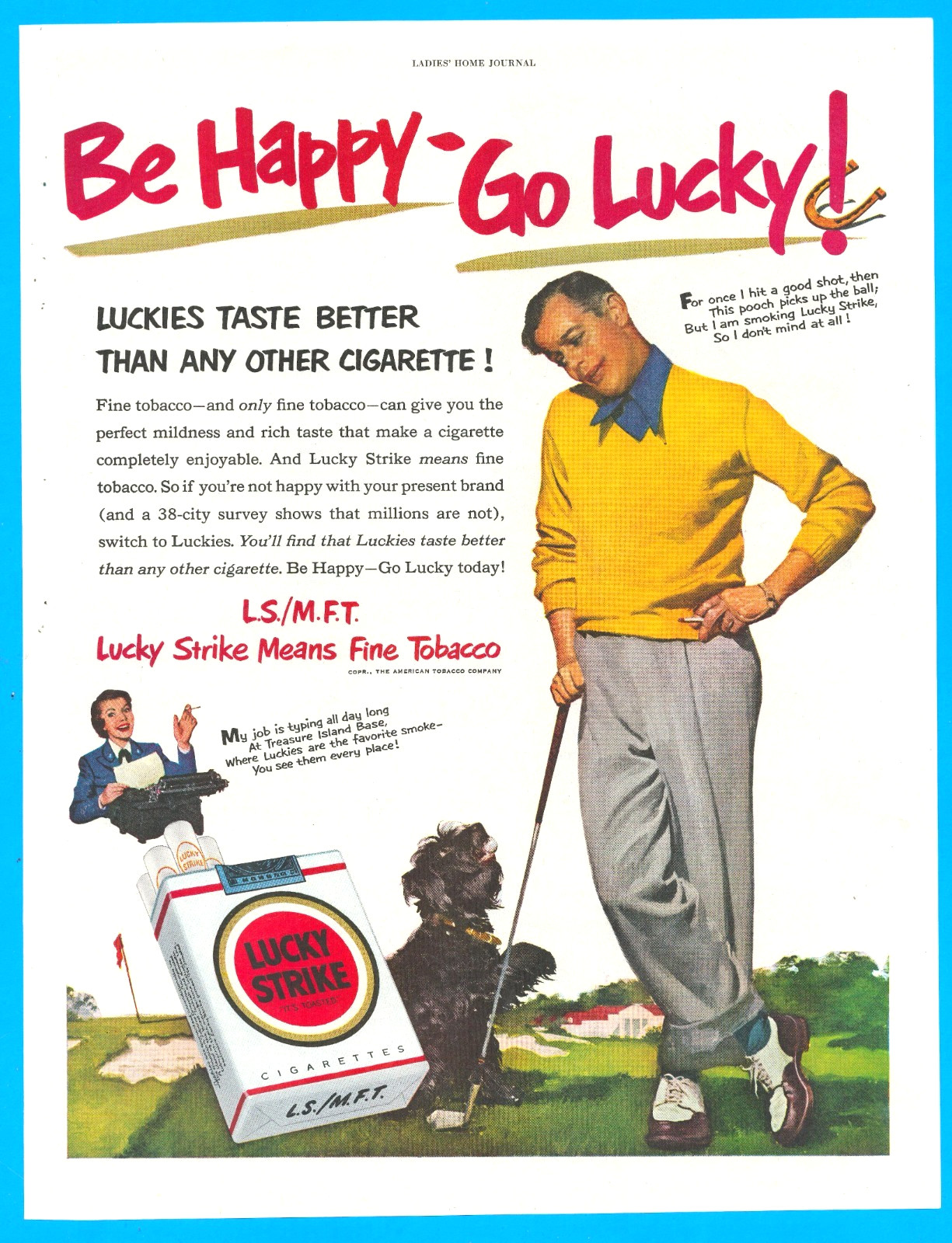 Lucky Strike cigarettes golf course club golfer dog sport vintage print ad 1951