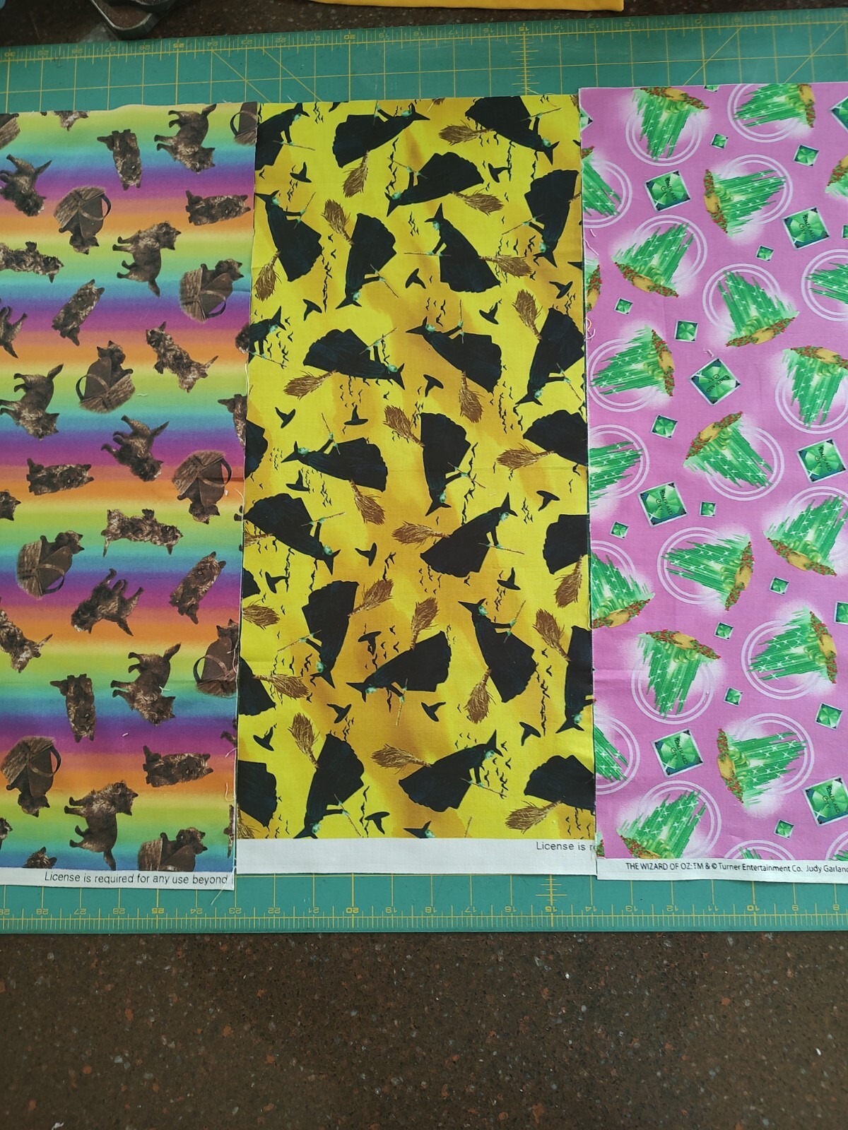 3-1/8 Yard Pieces Of Wizzard Of Oz Fabric Approx. 9" x (20-21"). Fabric Ironed