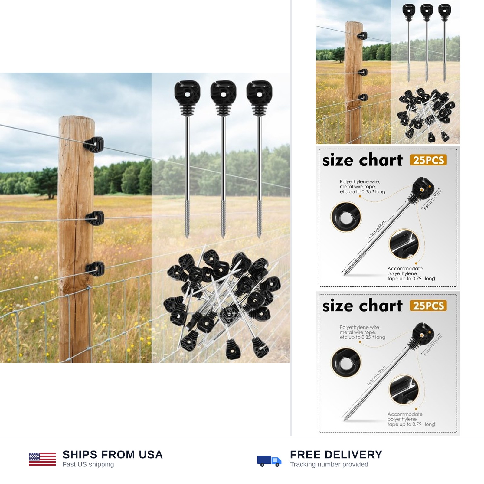 25 Pcs Electric Fence Insulators Fencing Post Screw-in Ring Set 8.9 Inch Long...