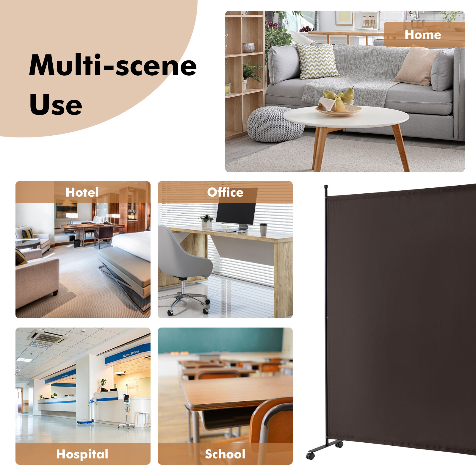 6FT Single Panel Room Divider w/ Wheels Rolling Fabric Partition Privacy Screen
