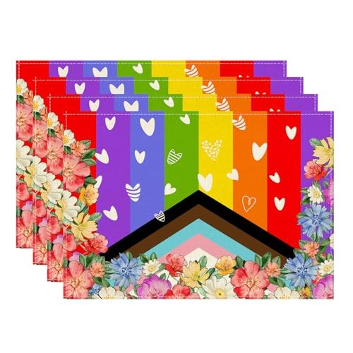 Colorful Flowers Rainbow Love Heart LGBTQ Placemats Set of 4 （12x18 Inch）