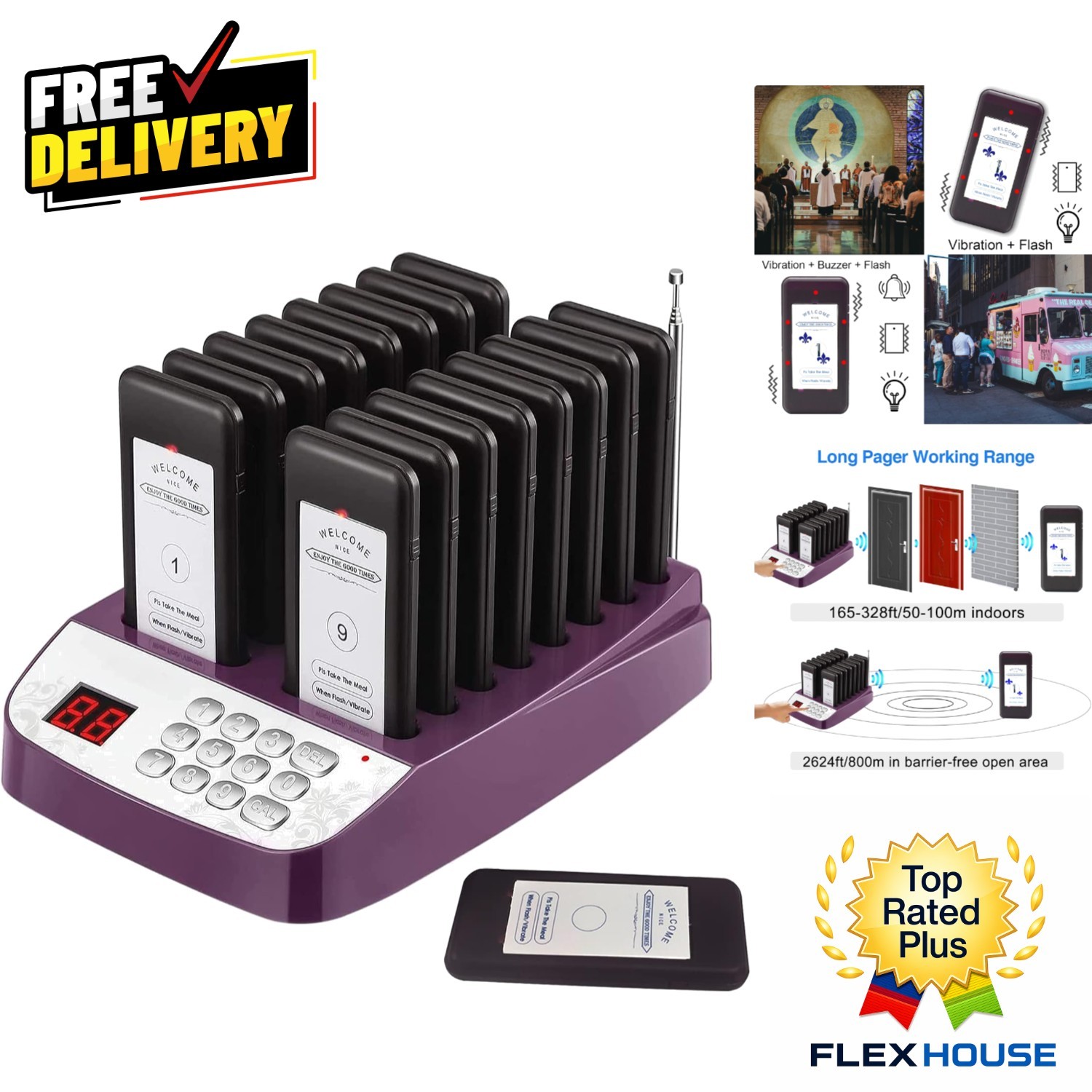 16 Buzzers Restaurant Paging System: Enhance Service Efficiency & Safety, Purple