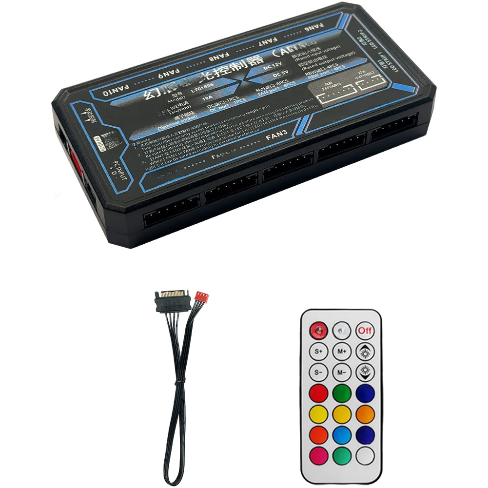 10 for port RGB Fan Controller Hub with for 2 ARGB Channels and Remote Control