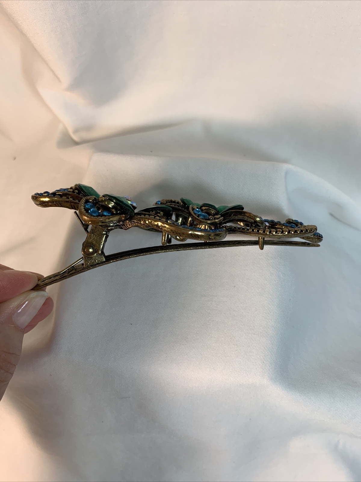 Beaded Bejeweled Retro Green/Blue Burnished Gold 4" Hair Clip