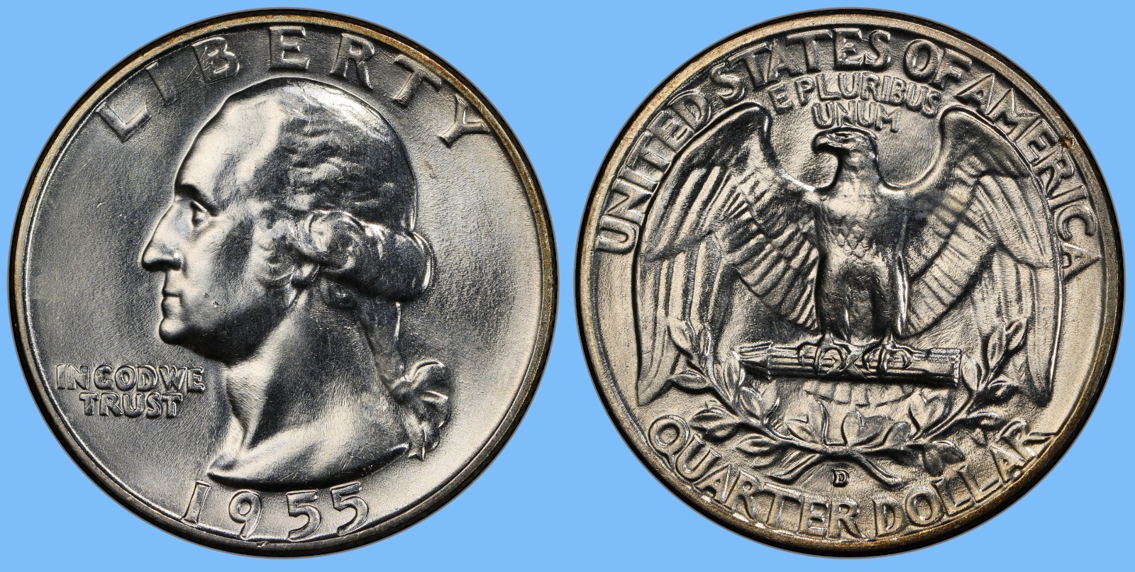 1955 D Washington Quarter ~ BU Uncirculated Mint State ~ 90% Silver 25c US Coin