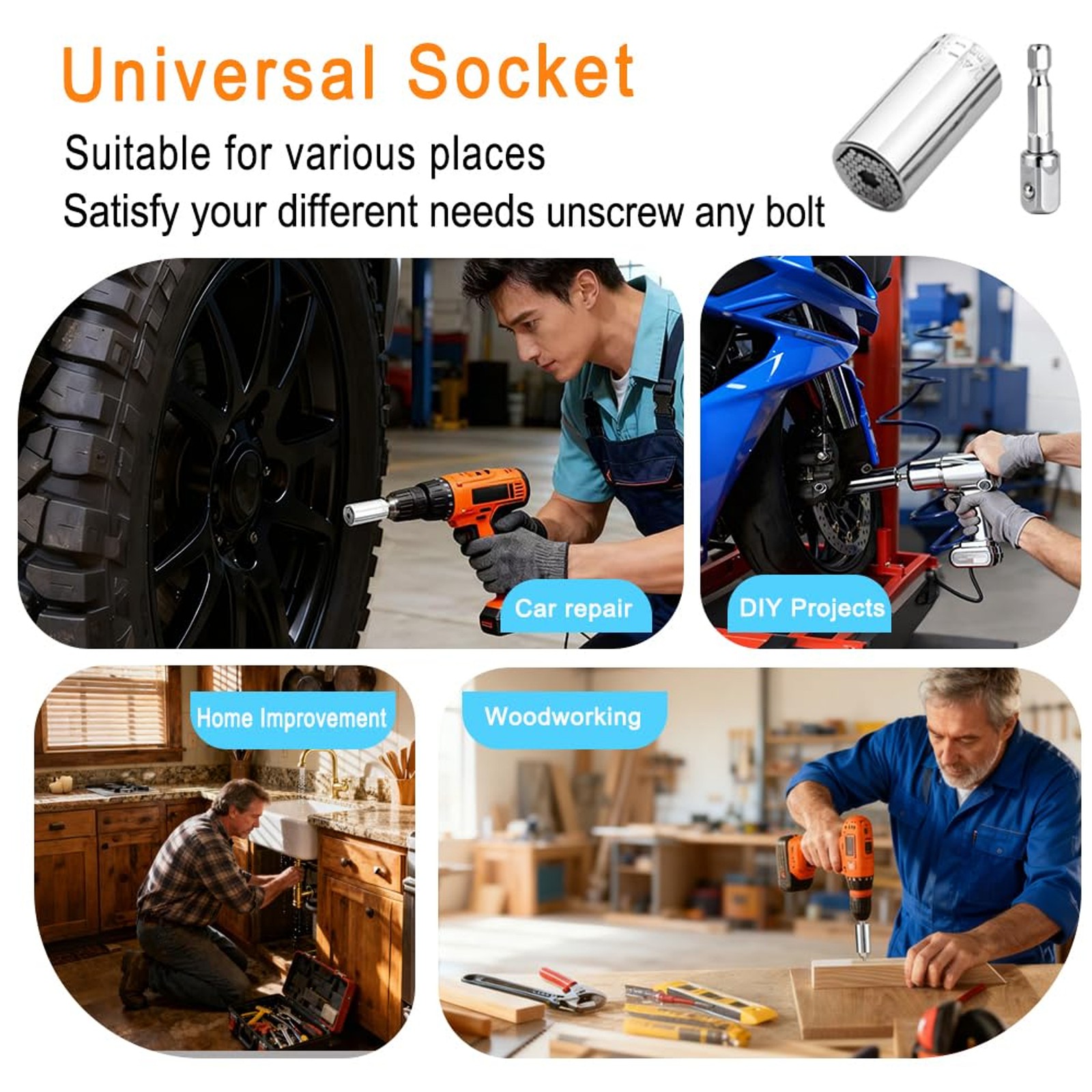 Universal Socket, 7-19mm Self-Adjusting Socket ，with Power Drill Adapters, Fits