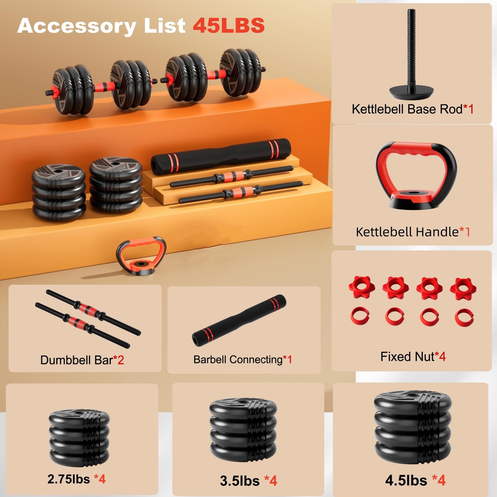 Adjustable Dumbbell Set, 20/30/45/70/90lbs, 5 in 1 Multi-Function Dumbbells |...