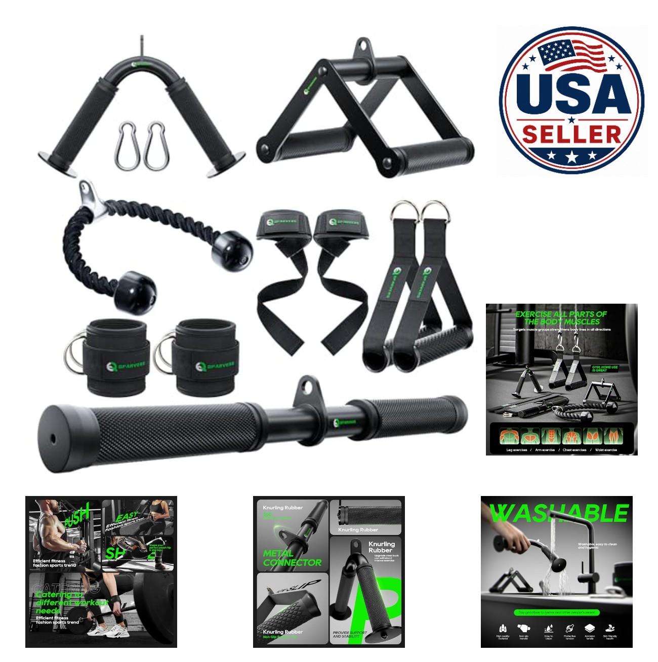 Cable Machine Attachment LAT Pulldown Set V Bar Tricep Rope Ankle Straps Handles
