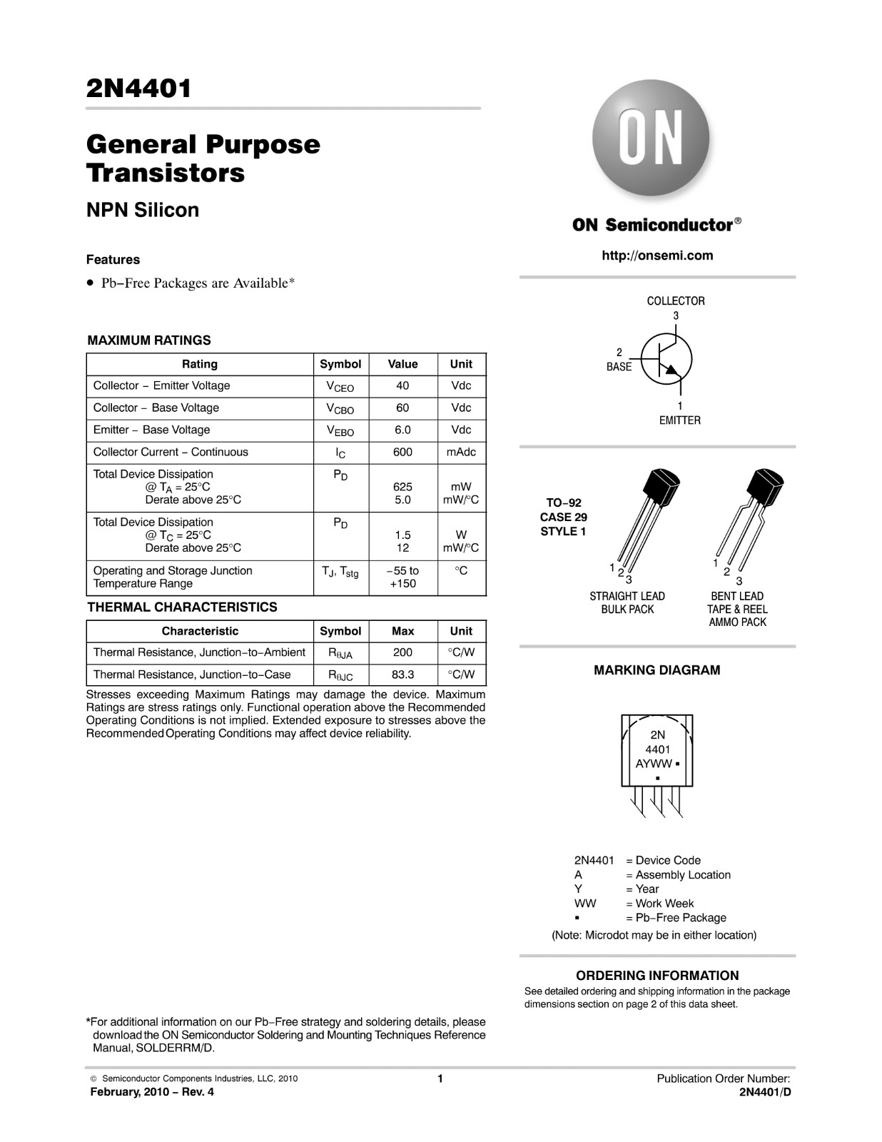2n4401 transistor, NEW, ON semiconductor, 2000 pcs lot, through hole