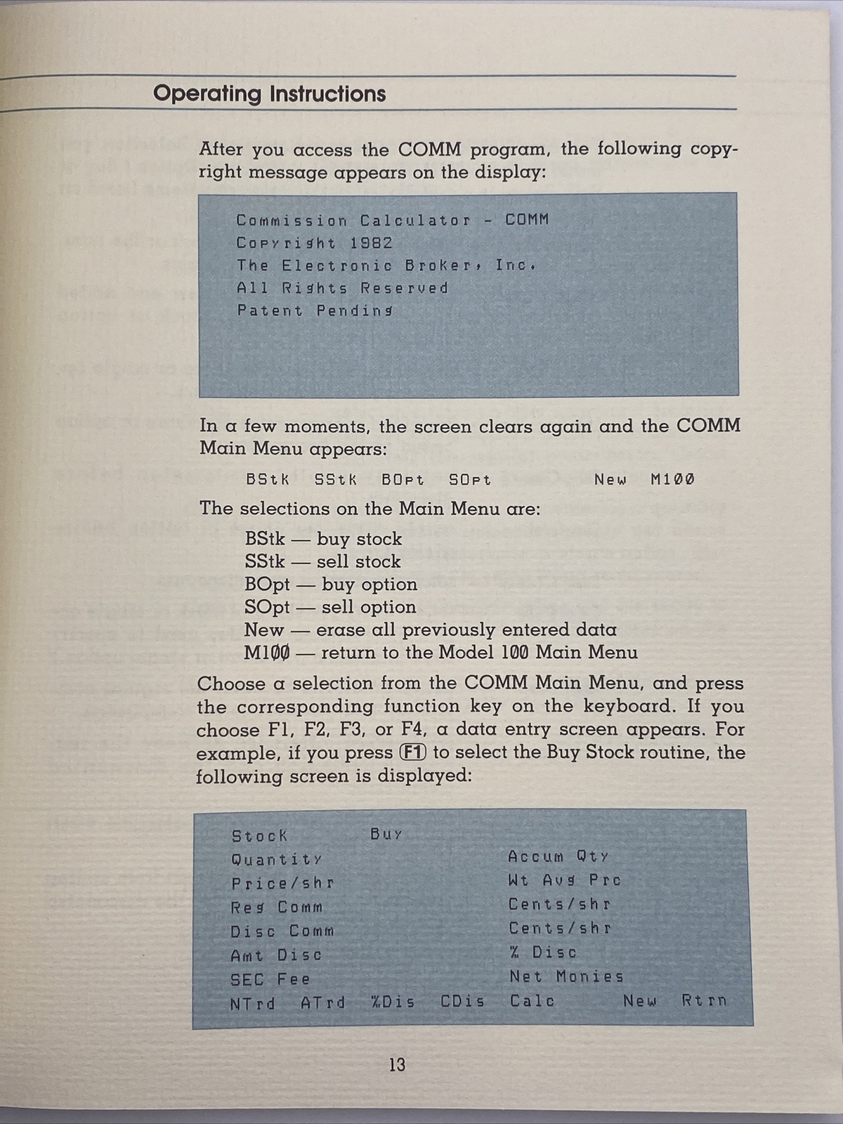 Tandy TRS-80 Model 100 Portable Computer Investment Analysis Manual/Quick Ref