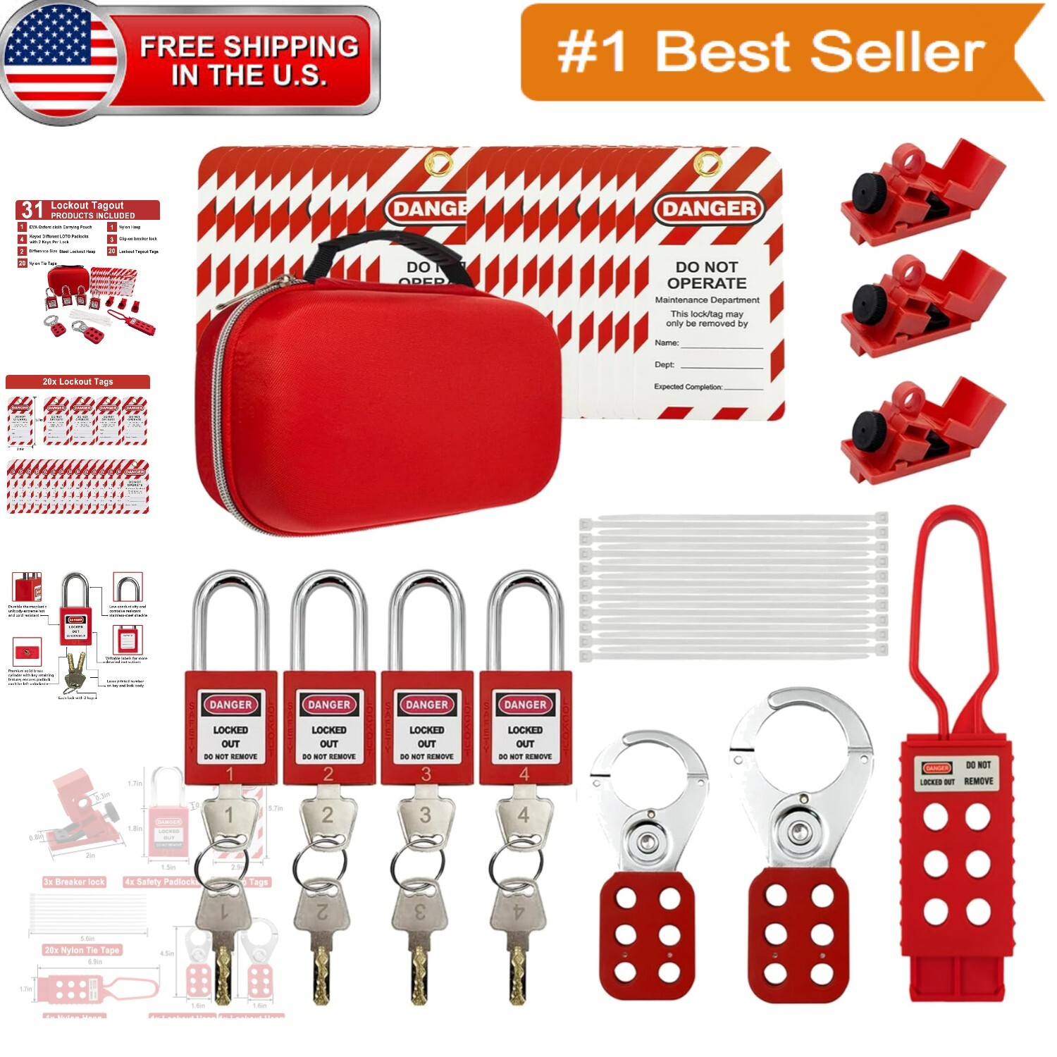Electrical Lockout Safety Kit - 31 OSHA Compliant Devices for Worker Protection