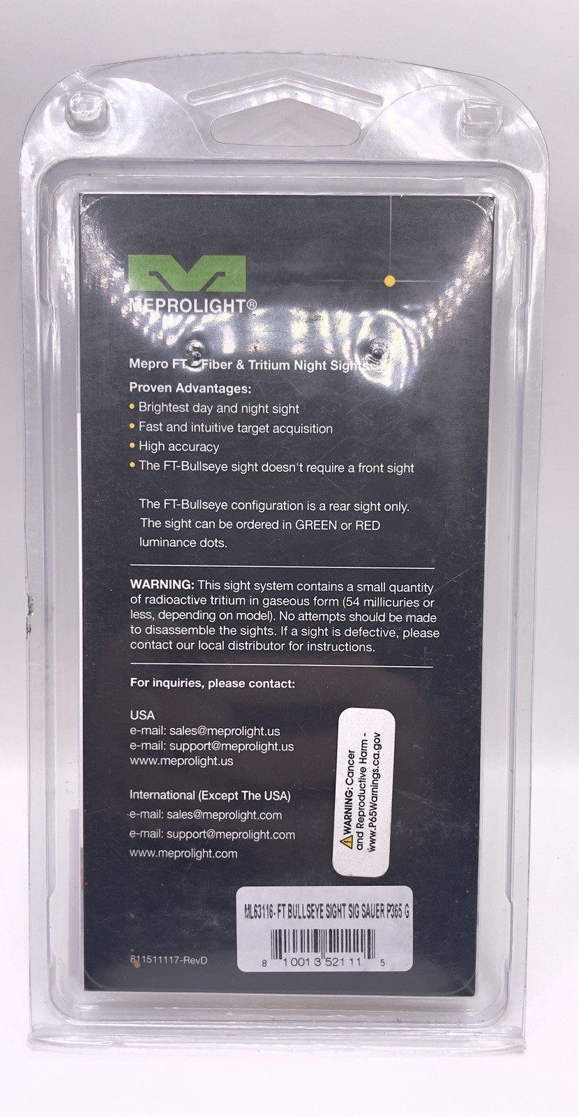 MEPRO FT BULLSEYE Fiber & Tritium NIGHT SIGHTS ML-63116 for Sig SAUER Model 365.