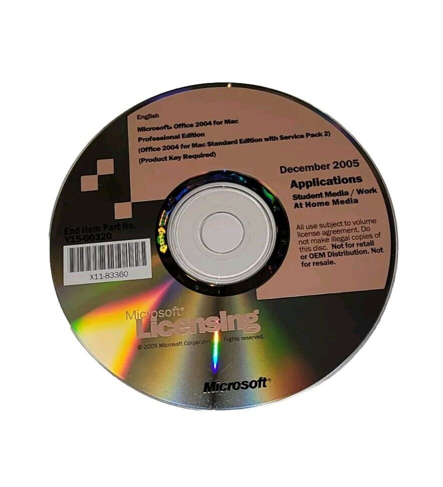 Microsoft Licensing Office Mac Pro SP2 Disk Kit CD PN: Y15-00320 & Product Key