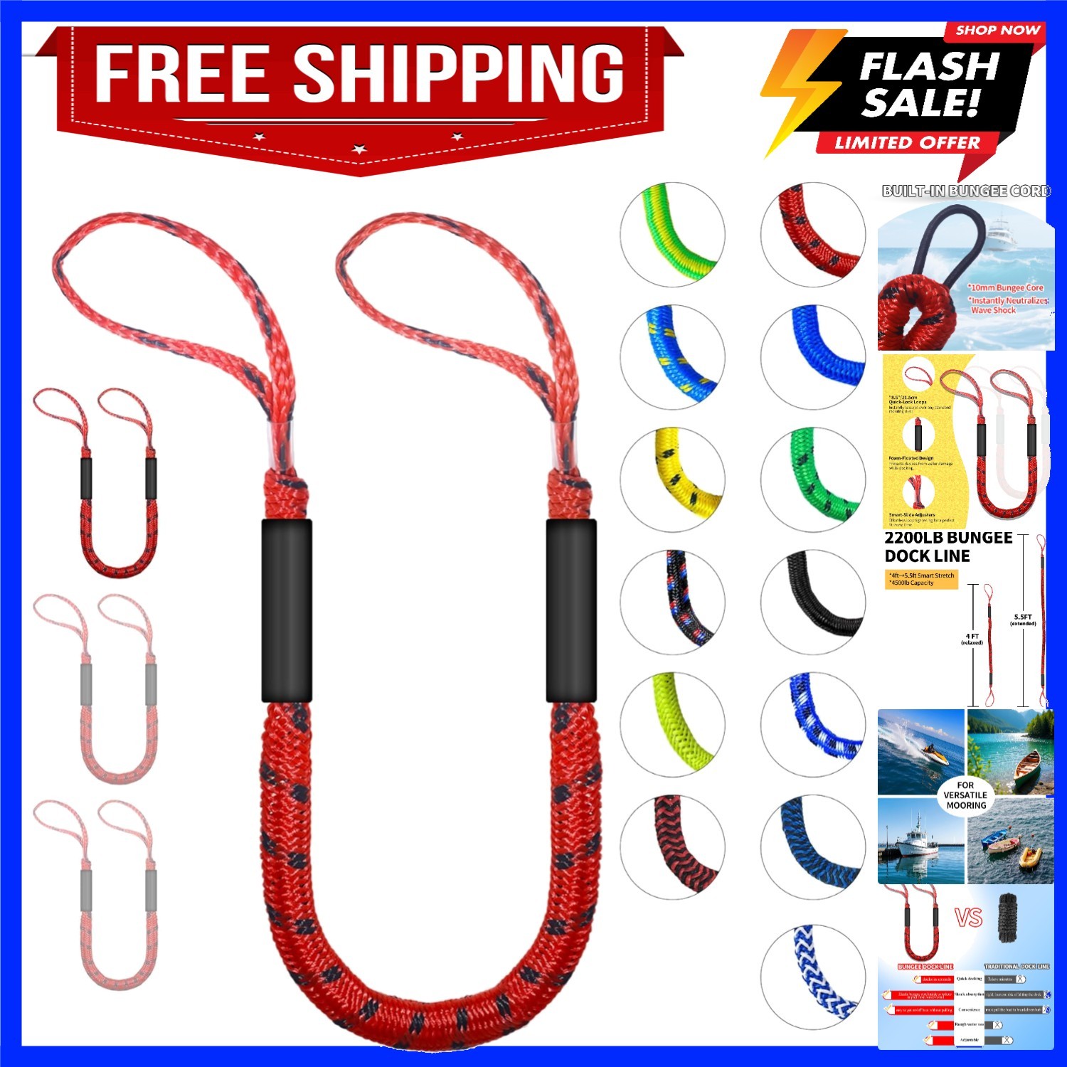 Bungee Dock Lines for Boats with Loops, Boat Tie Downs for Docking, Adjustabl...