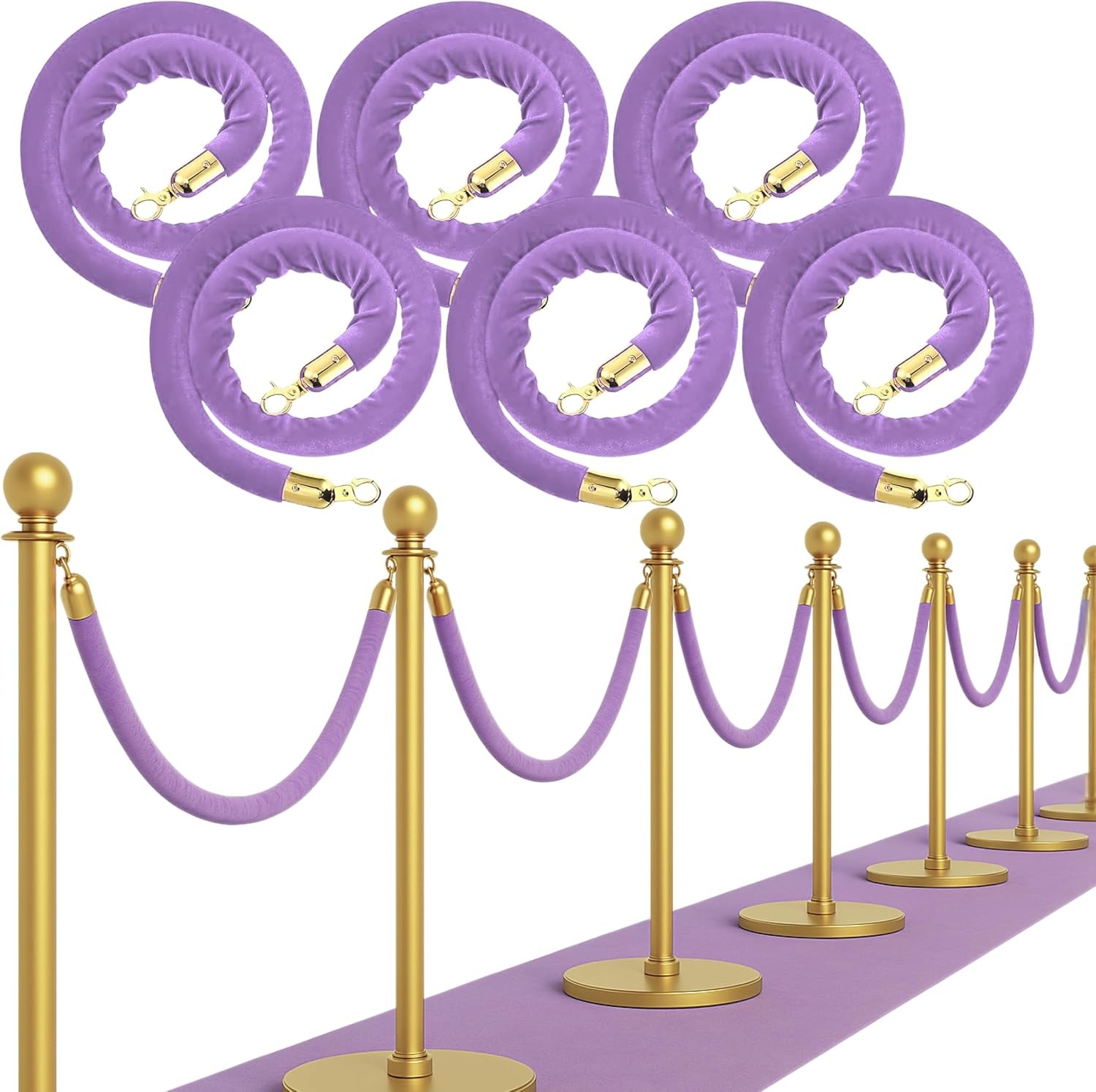 6PCS Light Purple Velvet Rope - 5FT Elegant Rope for Stanchion Barrier VIP Event
