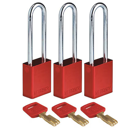 Brady Alu-Red-76St-Ka3pk Lockout Padlock, Keyed Alike, Aluminum, Red, 3 In