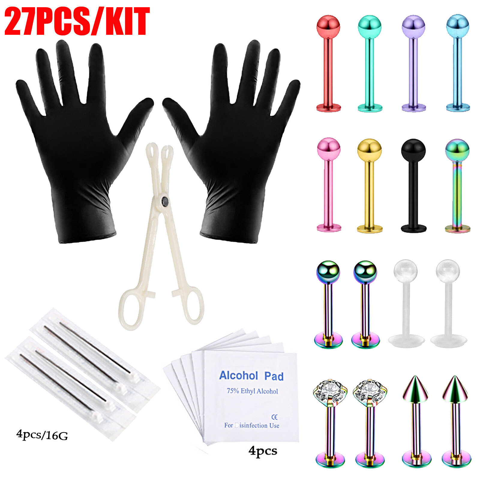 8-27Pcs Professional Body Piercing Tool Kit Ear Nose Ring Studs Needles Set 16G