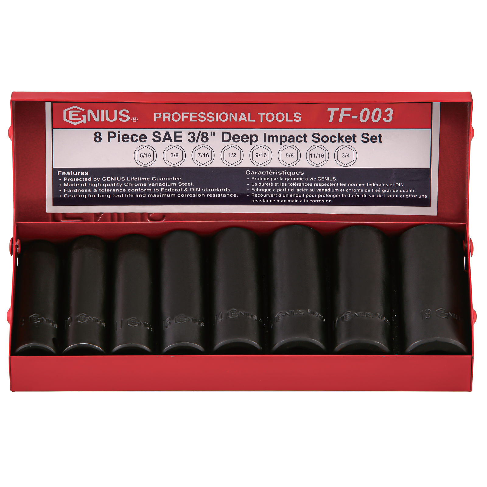 Genius Tools 8 Piece 3/8" Dr. SAE Deep Impact Socket Set - (Old Part# TF-003)...