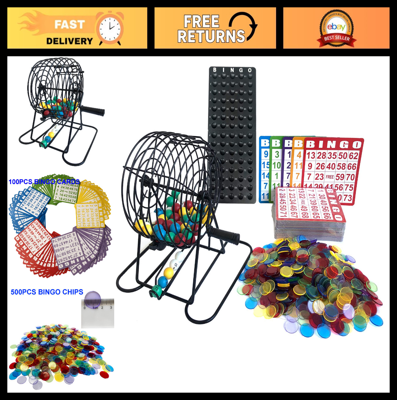 Deluxe Bingo Game Set - Metal Cage, 500 Chips, 100 Cards, 75 Balls, Party Fun!