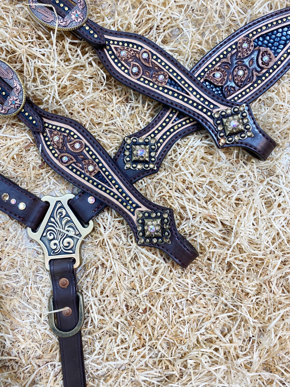 Western Leather Headstall Set Horse Decorated with Paisley Carving Gifts MOUSM