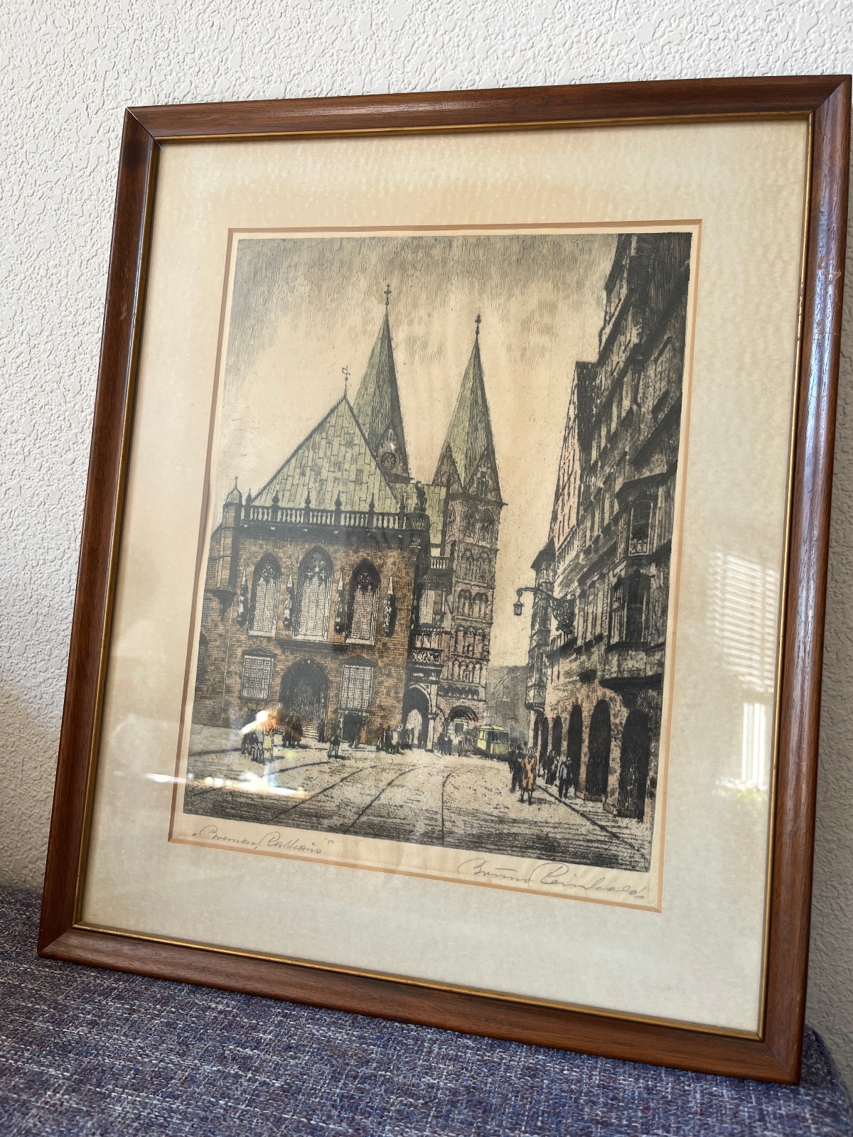 Bruno Reinhold Signed Color Etching Framed Bremen Town Hall Cathedral 15" x 18"