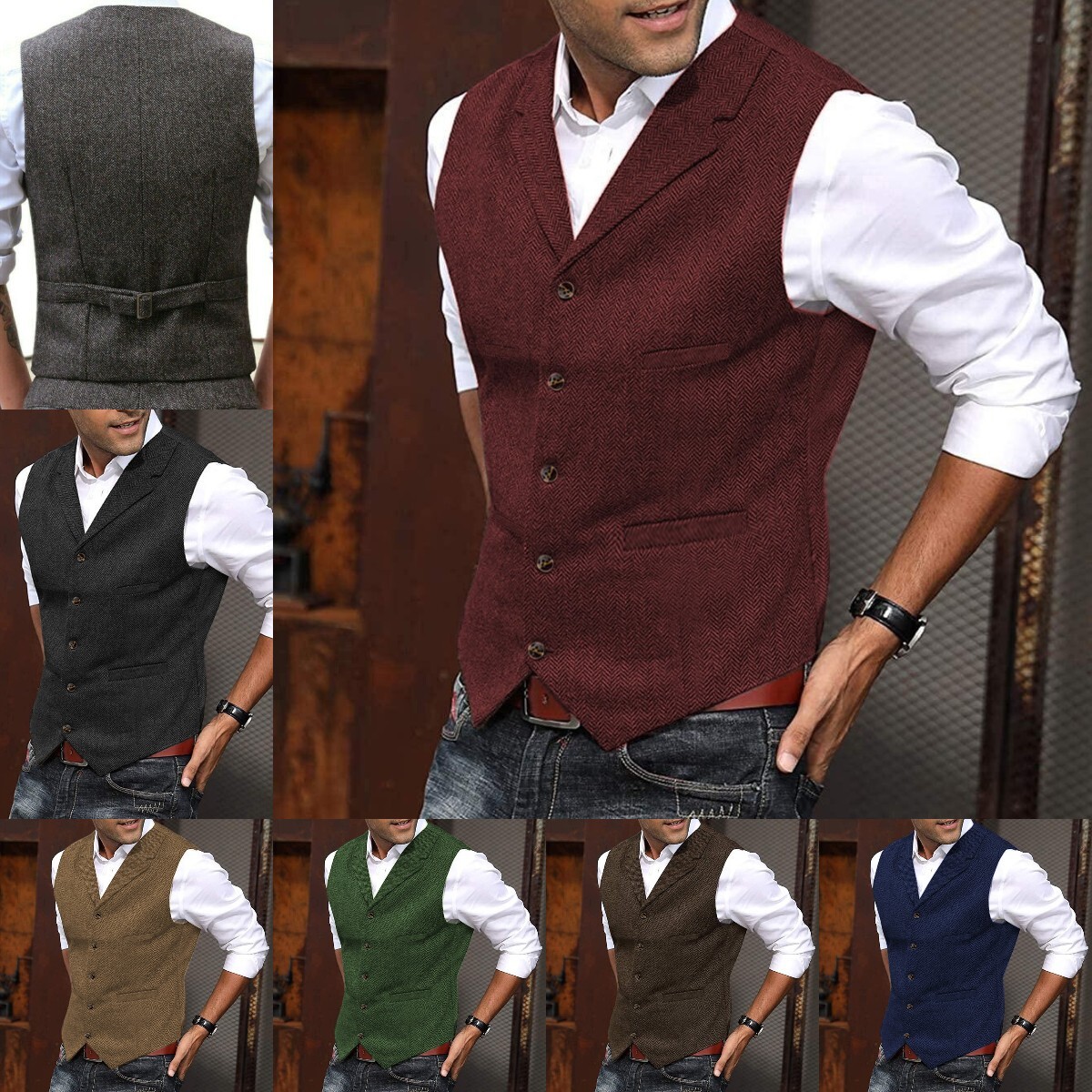 Casual Mens Notch Herringbone Wool Waistcoats Tweed Vests Wedding Vintage Retro+