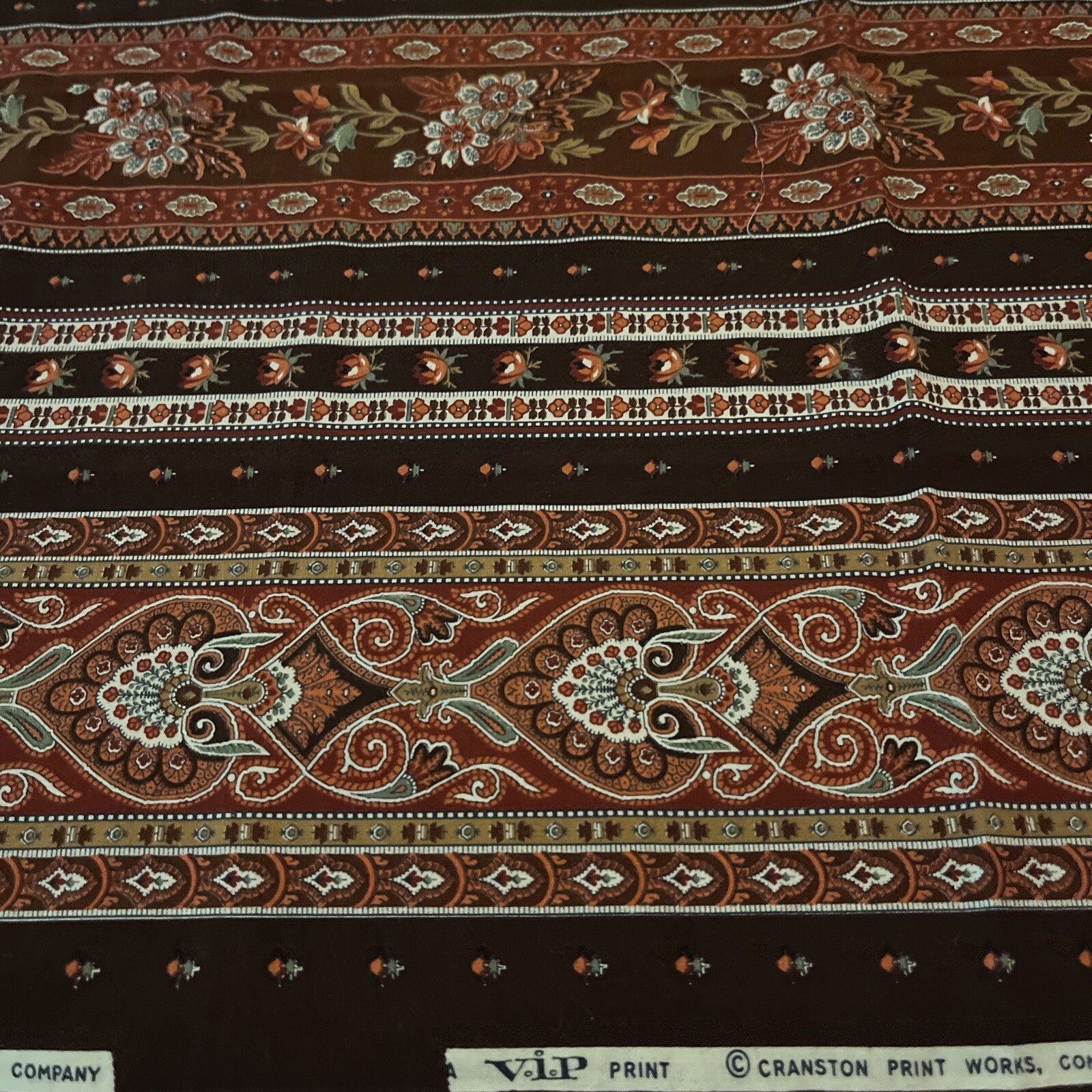 1980s VIP/Cranston Prints striped Paisley cotton fabric, lovely print brown